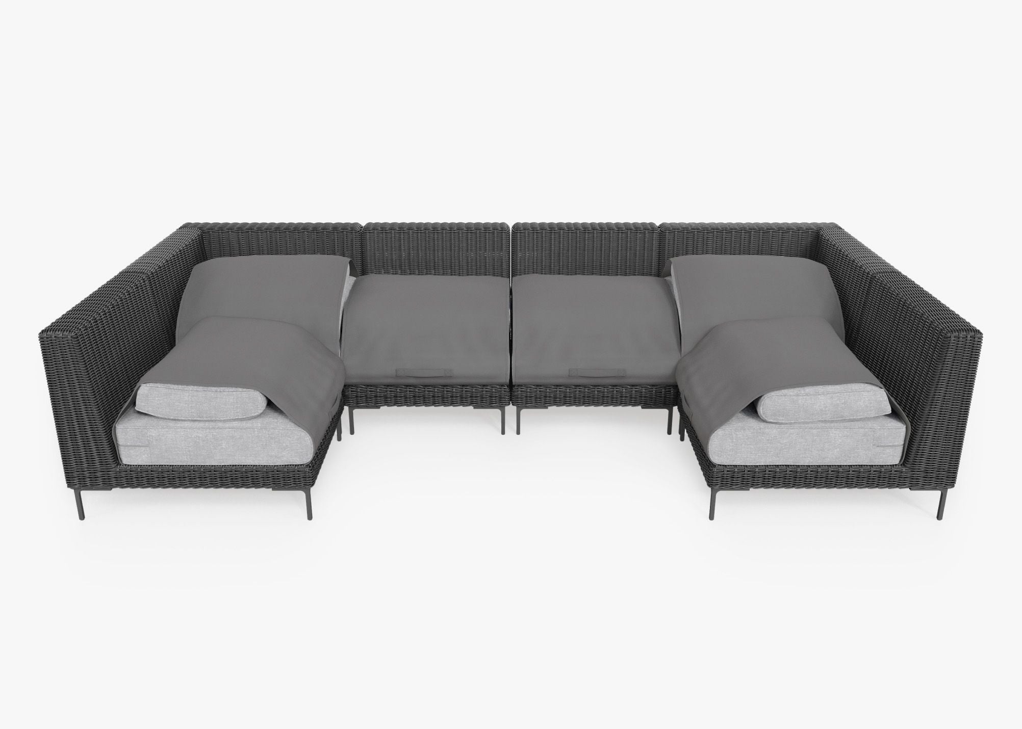 Black Wicker Outdoor U Sectional - 6 Seat shown with the OuterShell outdoor cushion cover, offering exclusive integrated protection. #color_pacific fog gray