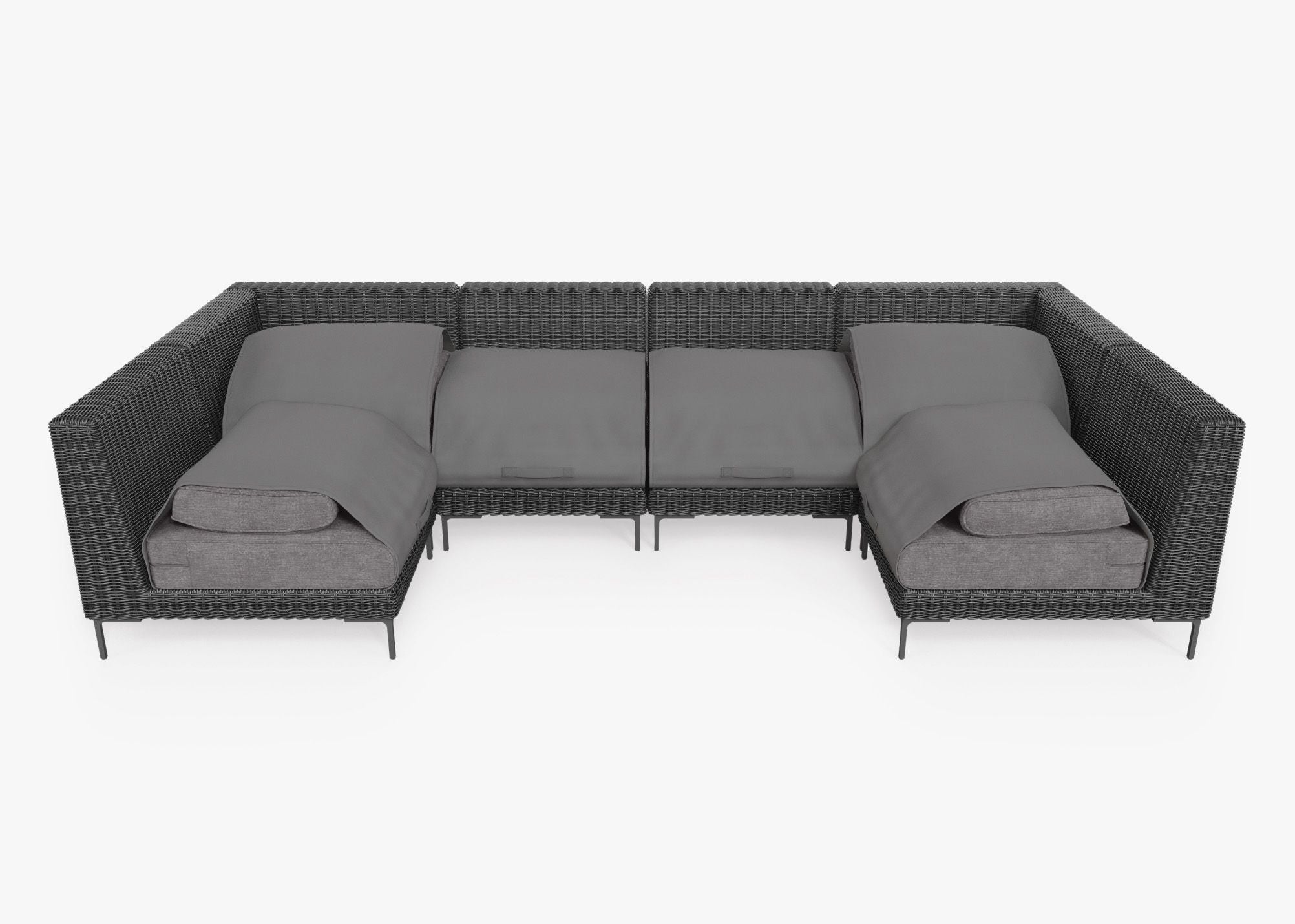 Black Wicker Outdoor U Sectional - 6 Seat shown with the OuterShell outdoor cushion cover, offering exclusive integrated protection. #color_dark pebble gray