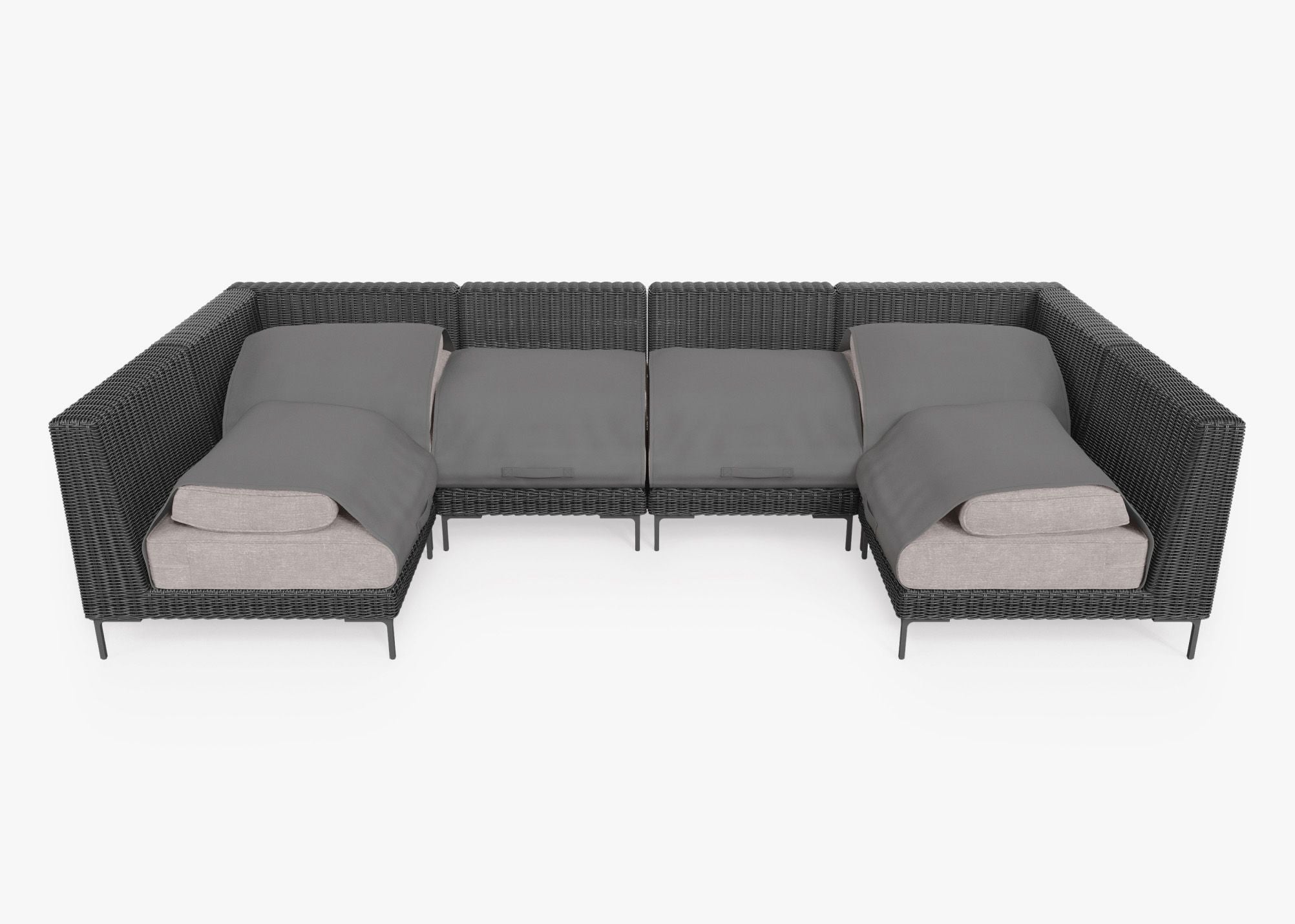 Black Wicker Outdoor U Sectional - 6 Seat shown with the OuterShell outdoor cushion cover, offering exclusive integrated protection. #color_sandstone gray
