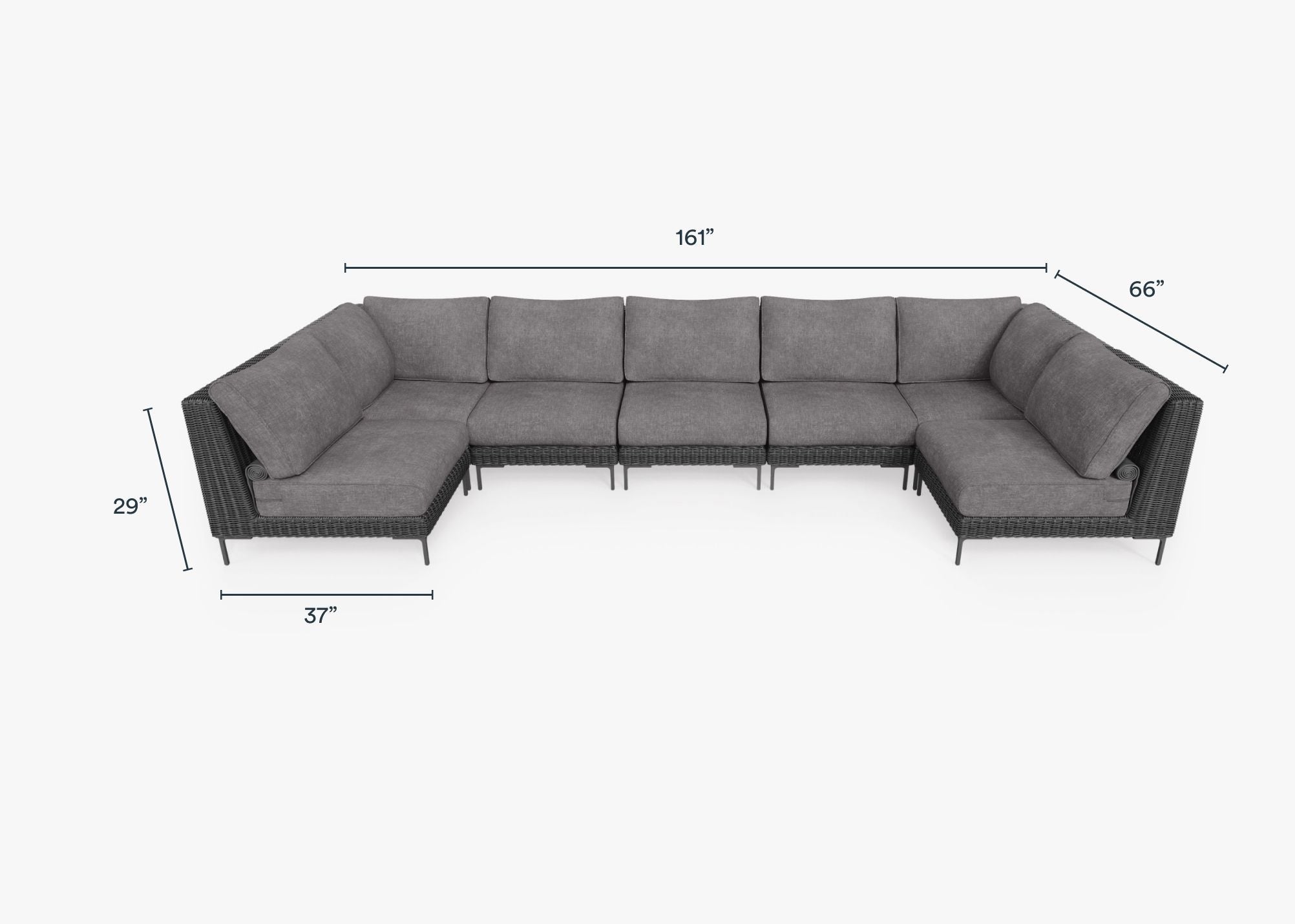 Black Wicker Outdoor U Sectional - 7 Seat dimensions in inches, also listed under Dimensions and Weights. #color_dark pebble gray