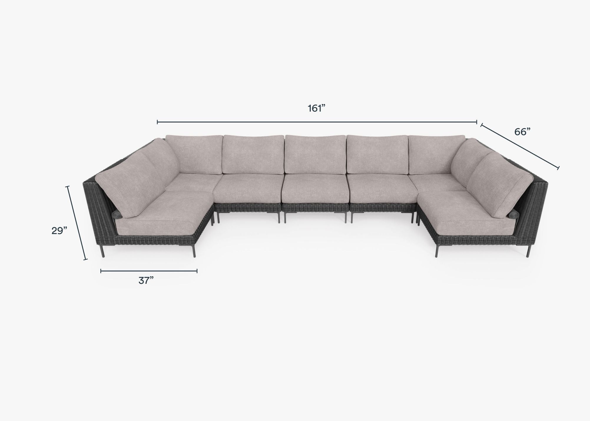 Black Wicker Outdoor U Sectional - 7 Seat dimensions in inches, also listed under Dimensions and Weights. #color_sandstone gray
