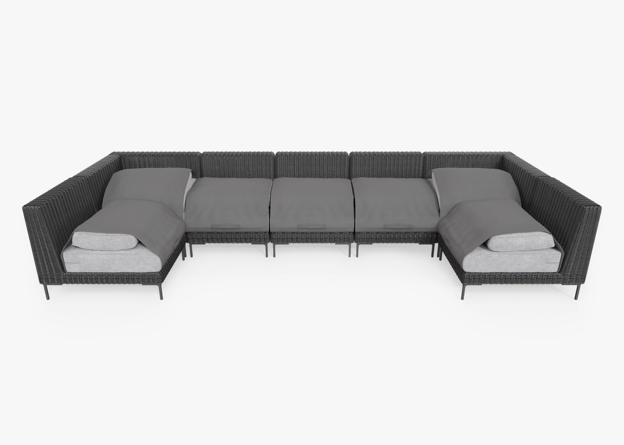 Black Wicker Outdoor U Sectional - 7 Seat shown with the OuterShell outdoor cushion cover, offering exclusive integrated protection. #color_pacific fog gray