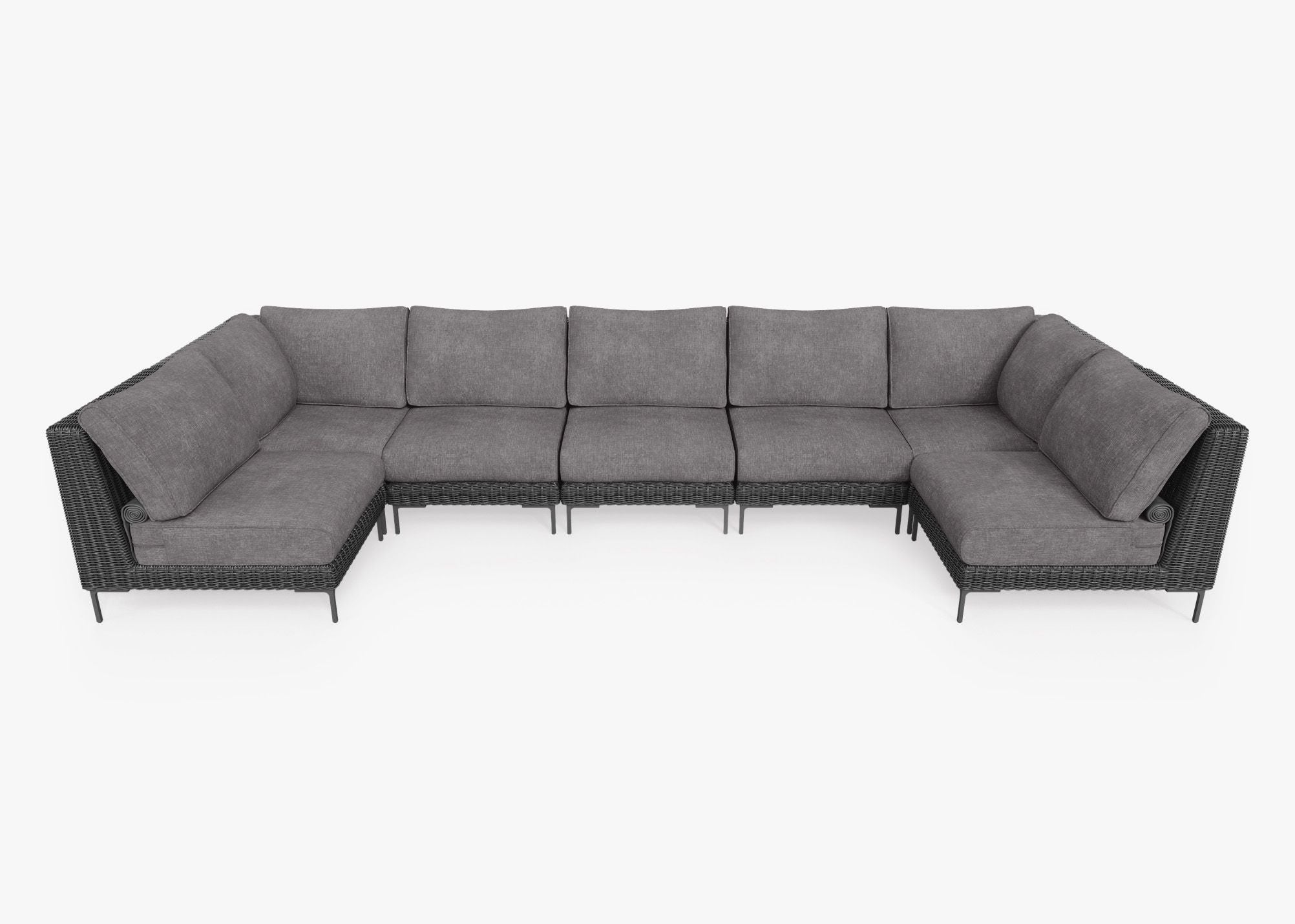 Black Wicker Outdoor U Sectional - 7 Seat, front. Comfortable, durable, and weather resistant outdoor seating with memory foam. #color_dark pebble gray