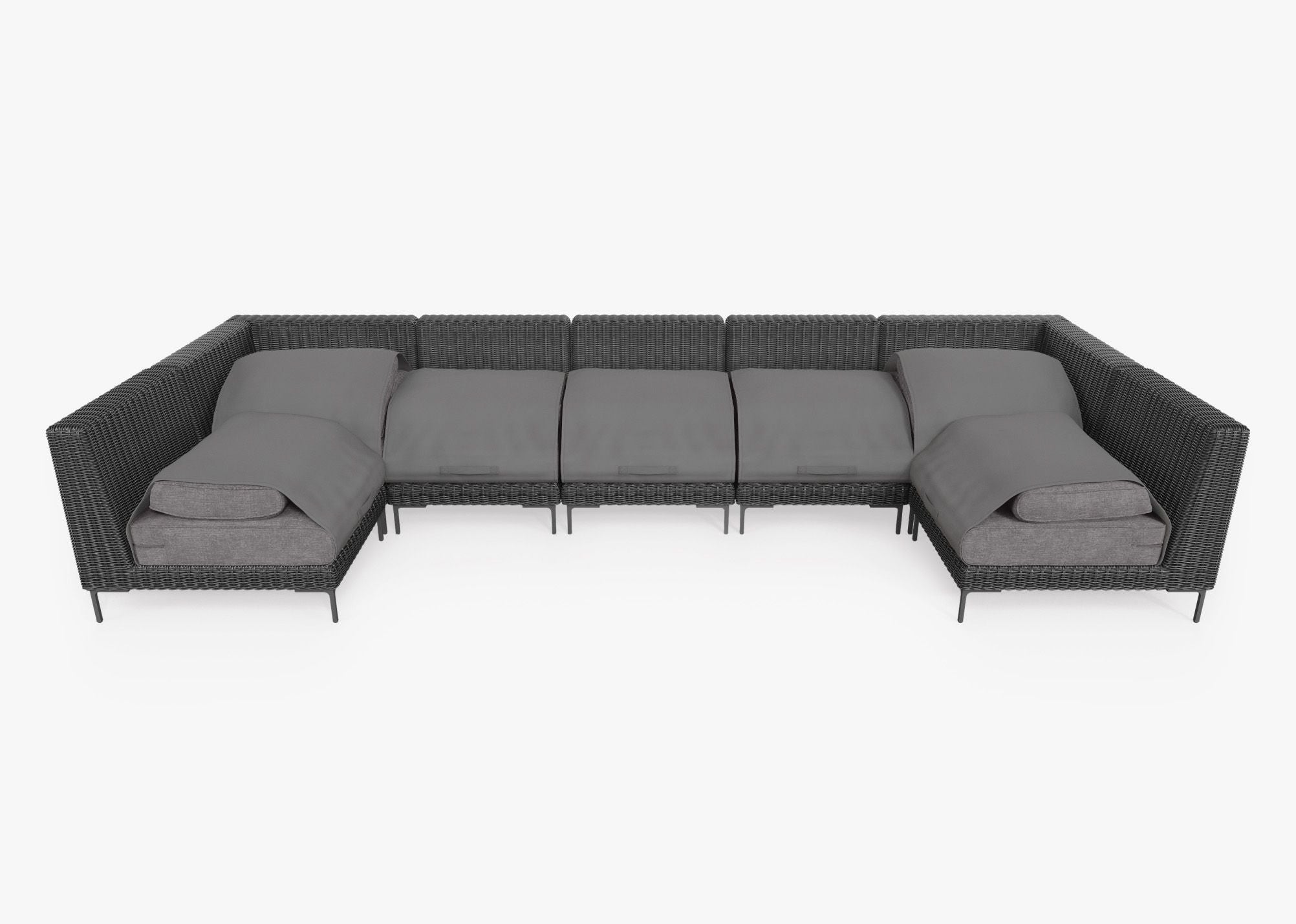 Black Wicker Outdoor U Sectional - 7 Seat shown with the OuterShell outdoor cushion cover, offering exclusive integrated protection. #color_dark pebble gray