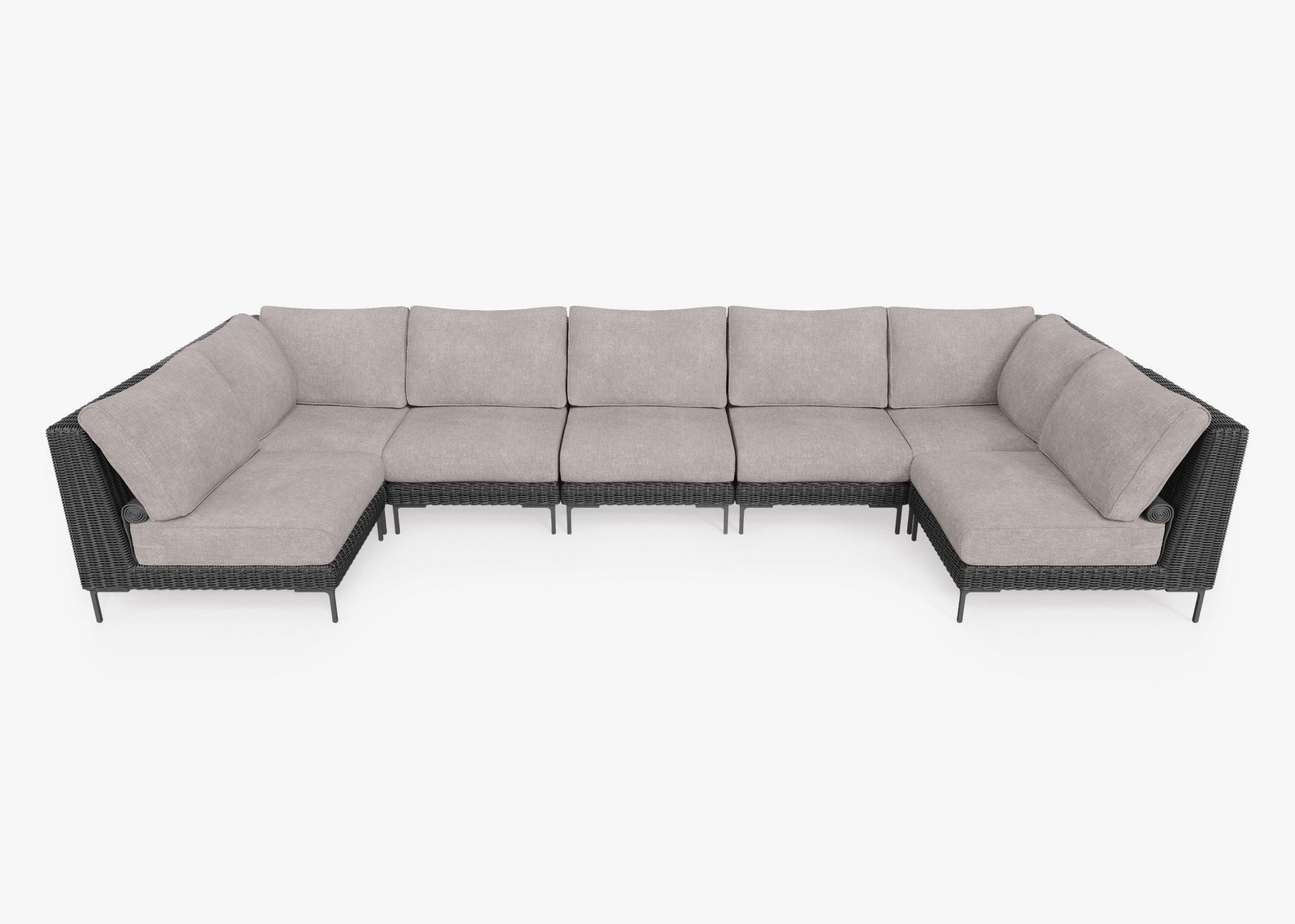 Black Wicker Outdoor U Sectional - 7 Seat, front. Comfortable, durable, and weather resistant outdoor seating with memory foam. #color_sandstone gray