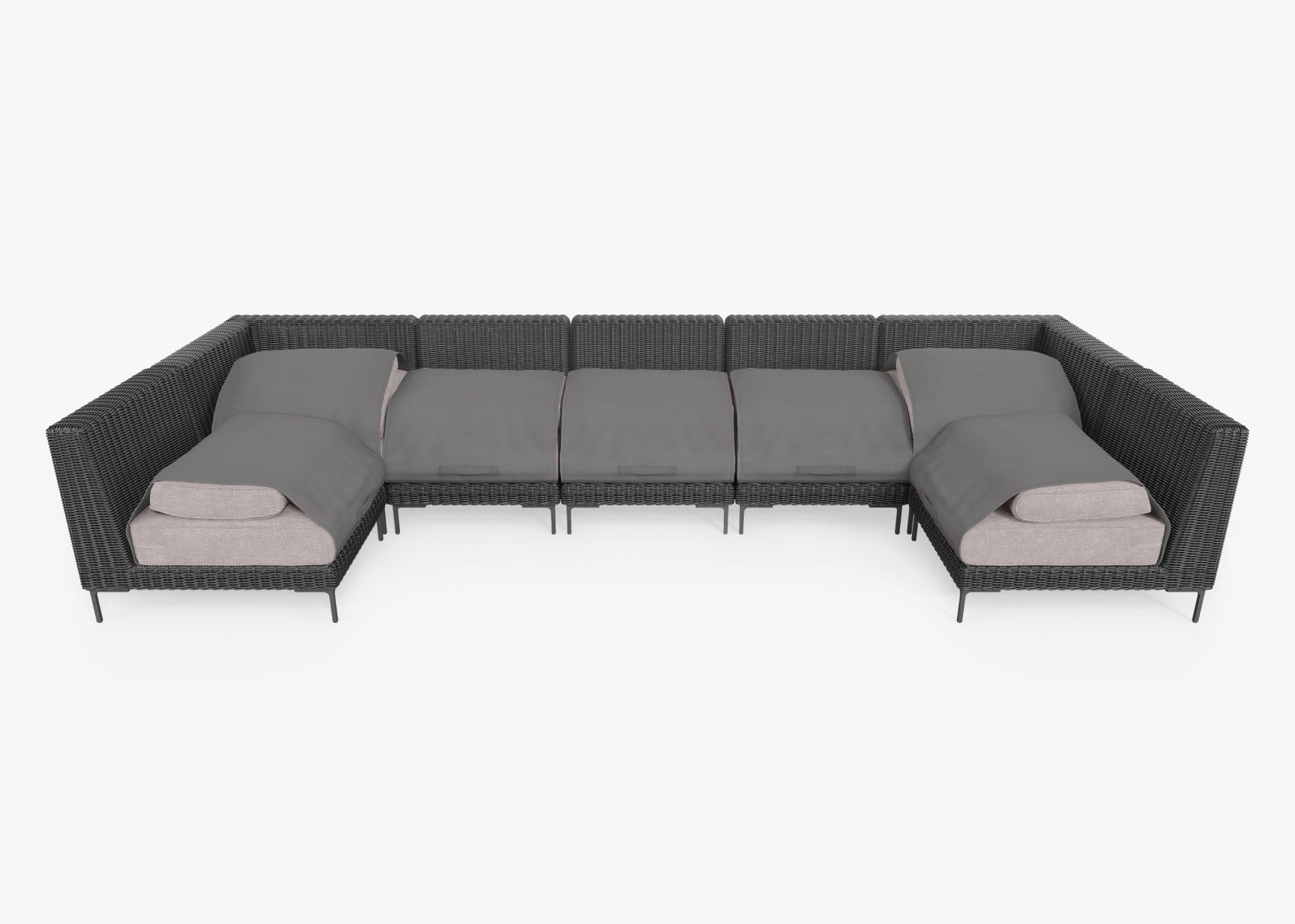 Black Wicker Outdoor U Sectional - 7 Seat shown with the OuterShell outdoor cushion cover, offering exclusive integrated protection. #color_sandstone gray