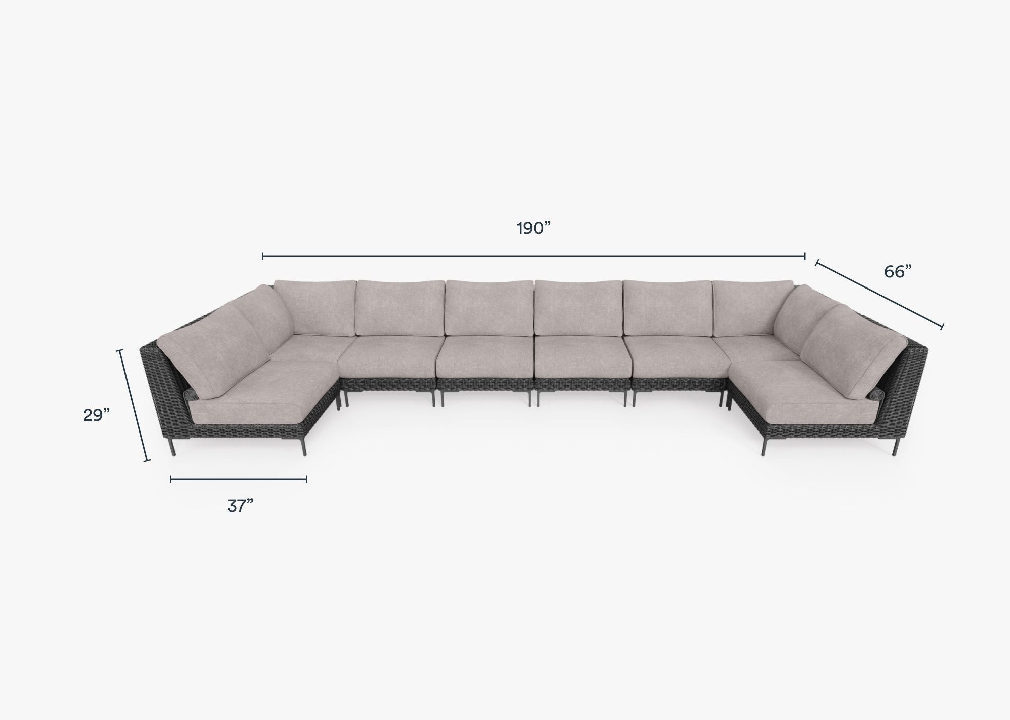 Black Wicker Outdoor U Sectional - 8 Seat dimensions in inches, also listed under Dimensions and Weights. #color_sandstone gray