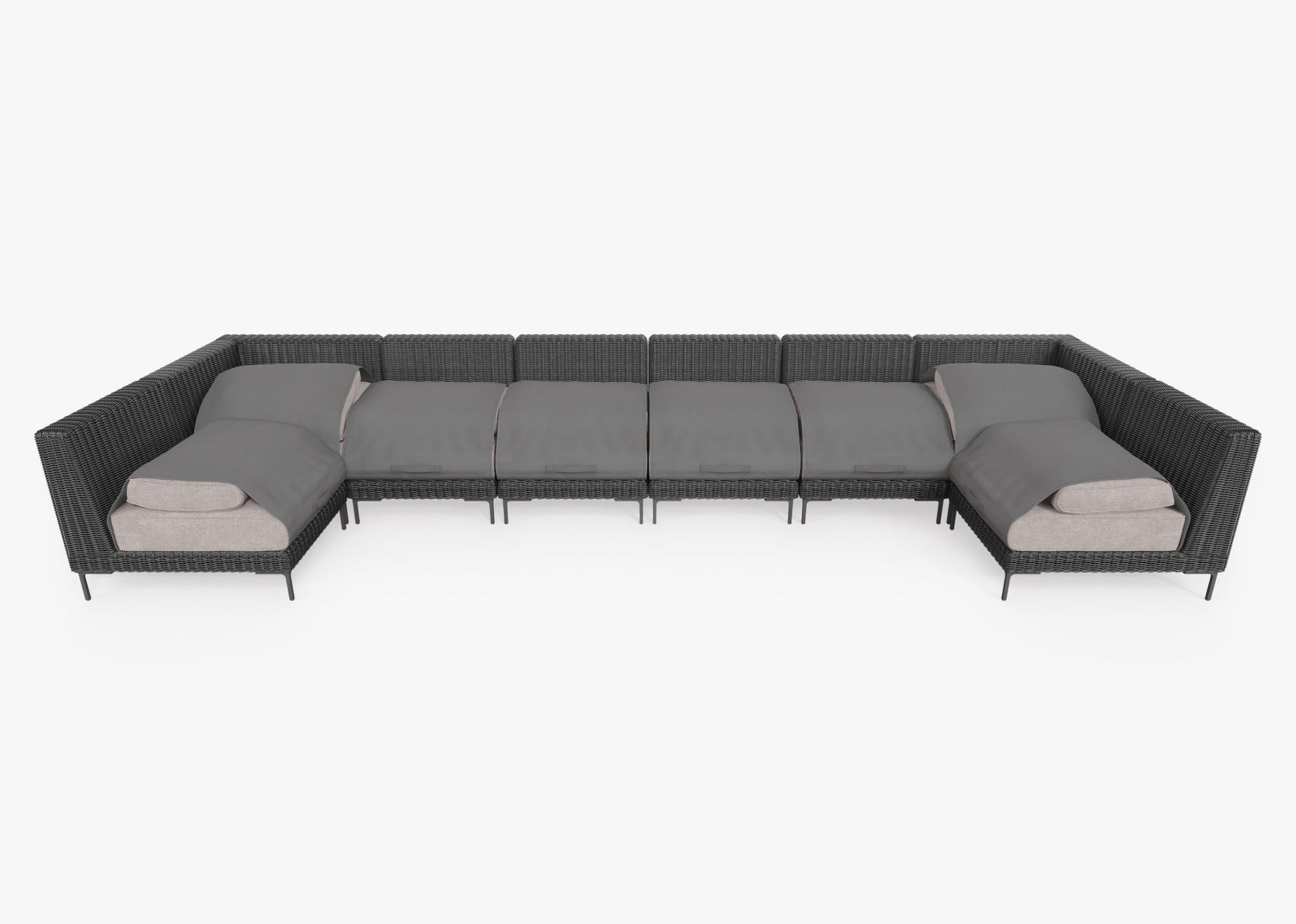 Black Wicker Outdoor U Sectional - 8 Seat shown with the OuterShell outdoor cushion cover, offering exclusive integrated protection. #color_sandstone gray