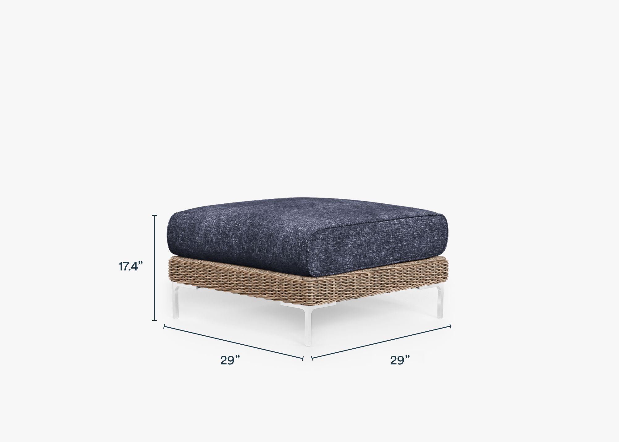 Brown Wicker Outdoor Ottoman dimensions in inches, also listed under Dimensions and Weights. #color_deep sea navy