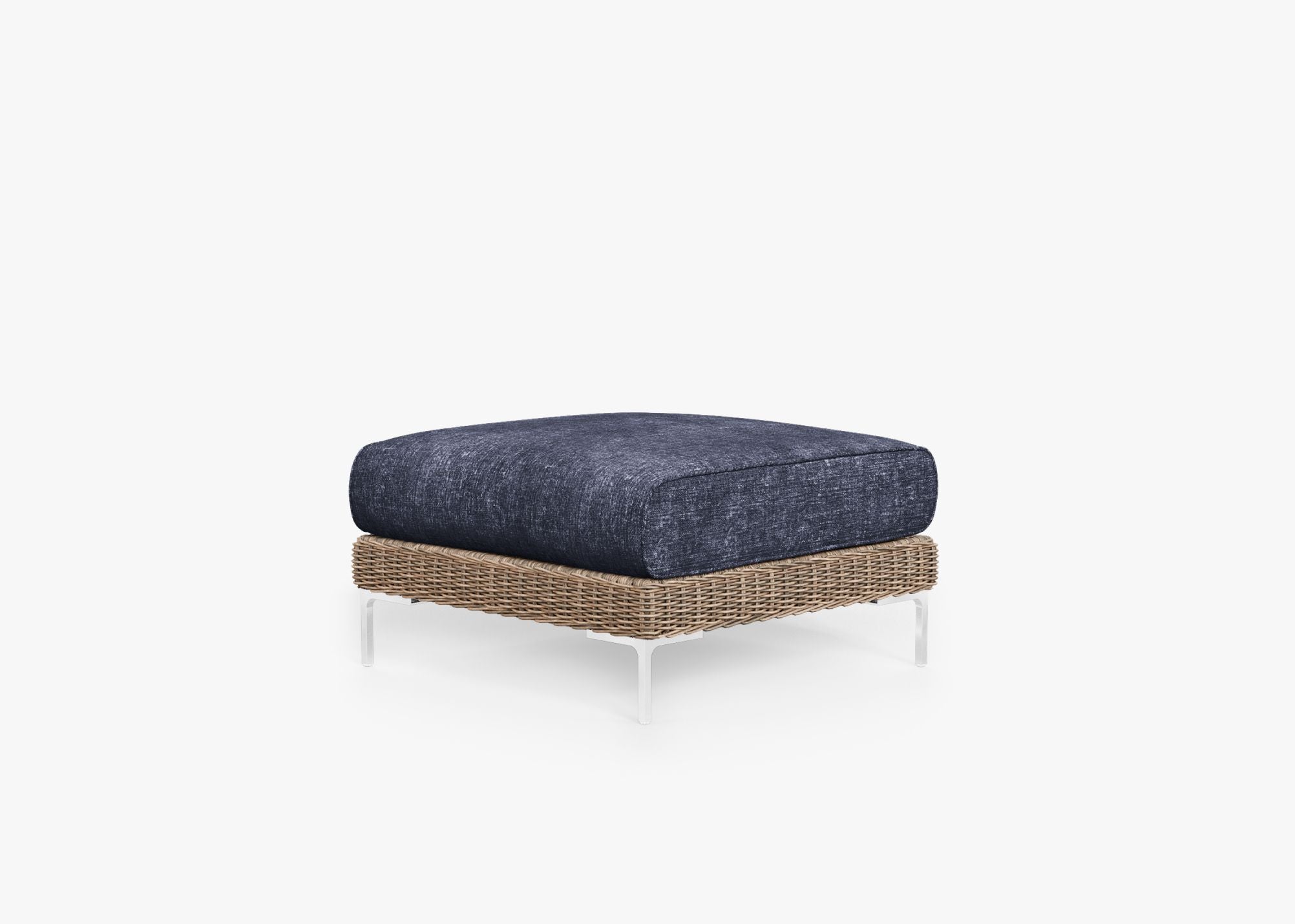 Brown Wicker Outdoor Ottoman, front. Comfortable, durable, and weather resistant outdoor seating with memory foam. #color_deep sea navy