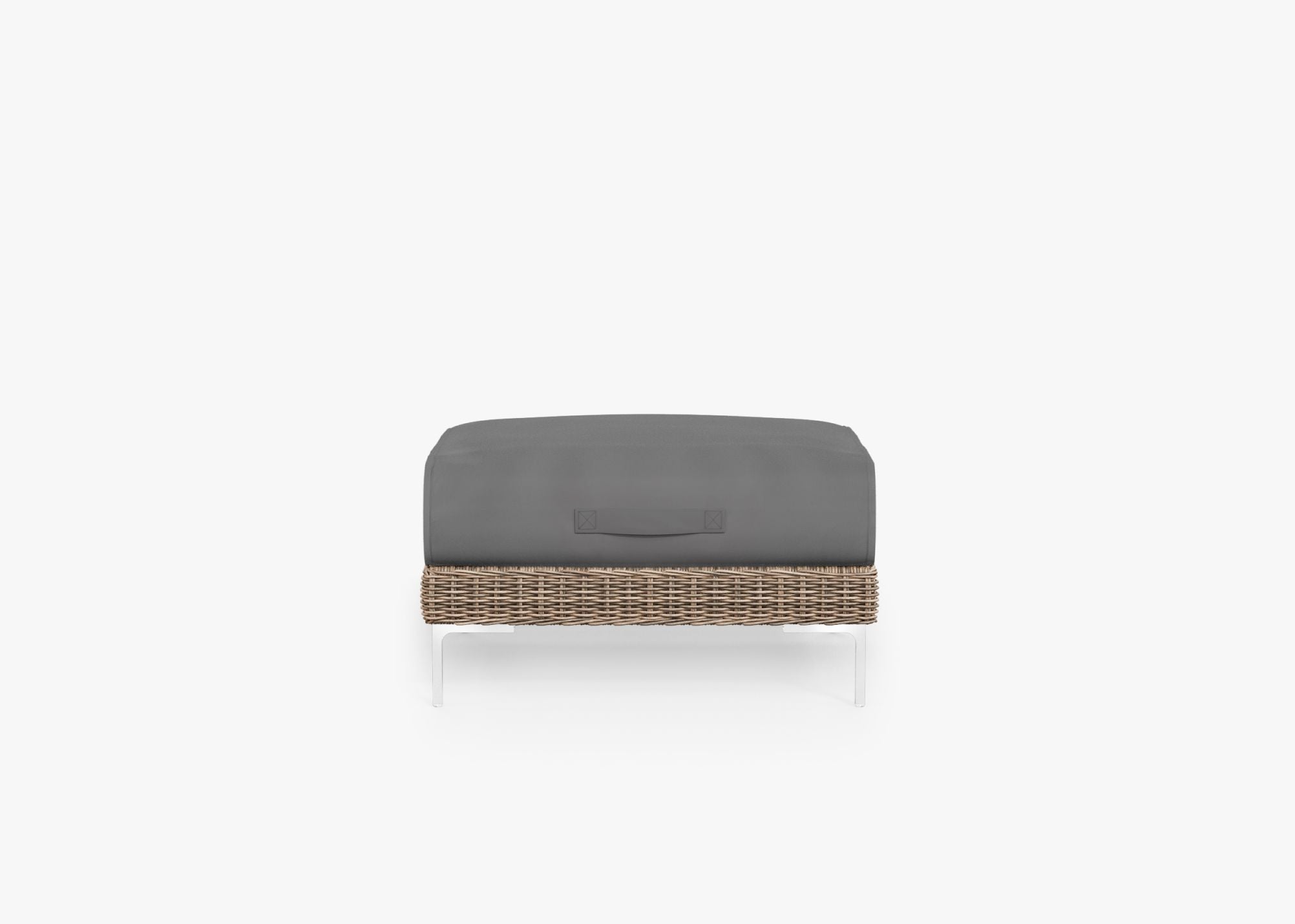 Brown Wicker Outdoor Ottoman shown with the OuterShell outdoor cushion cover, offering exclusive integrated protection. #color_dark pebble gray
