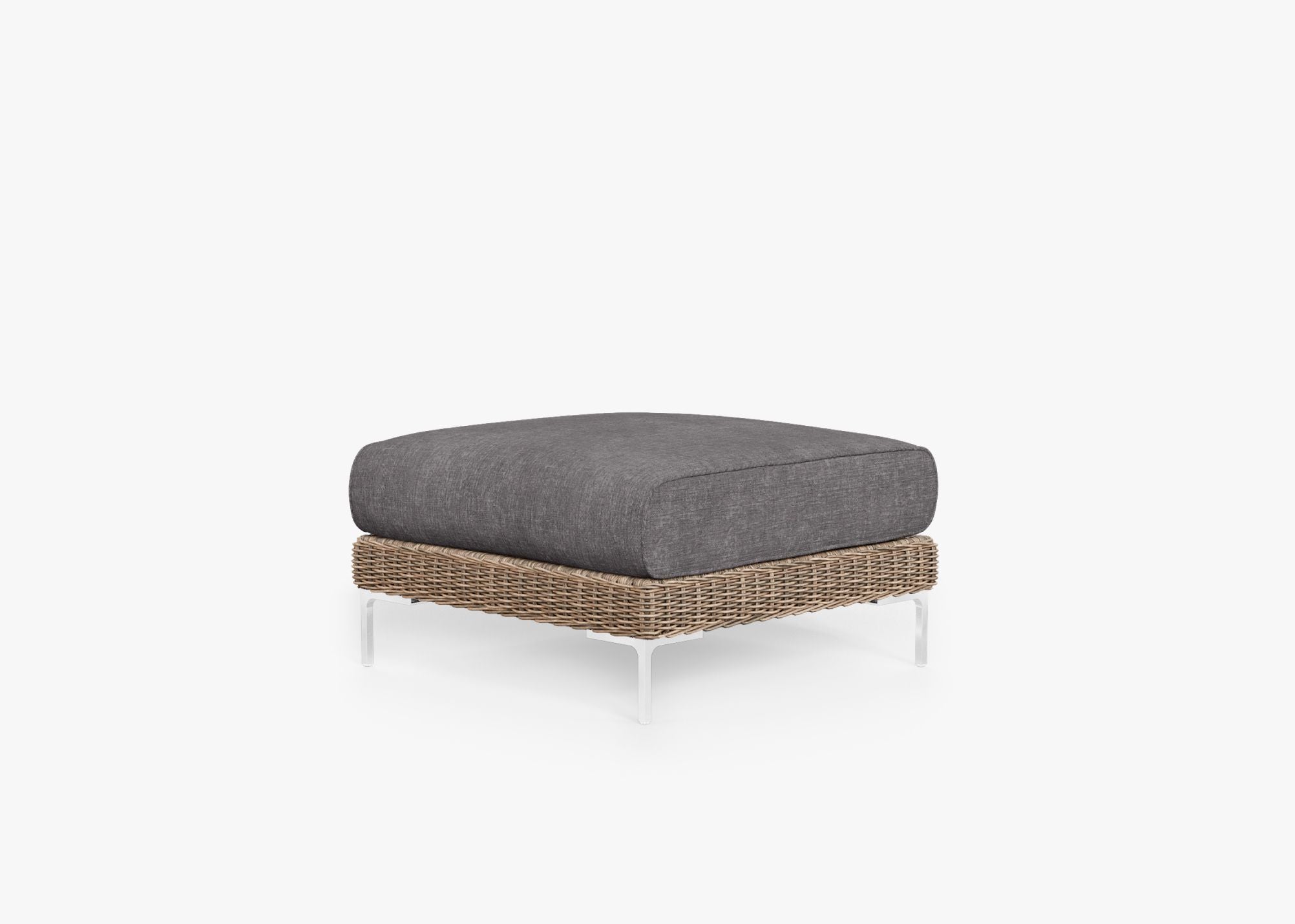 Brown Wicker Outdoor Ottoman, front. Comfortable, durable, and weather resistant outdoor seating with memory foam. #color_dark pebble gray