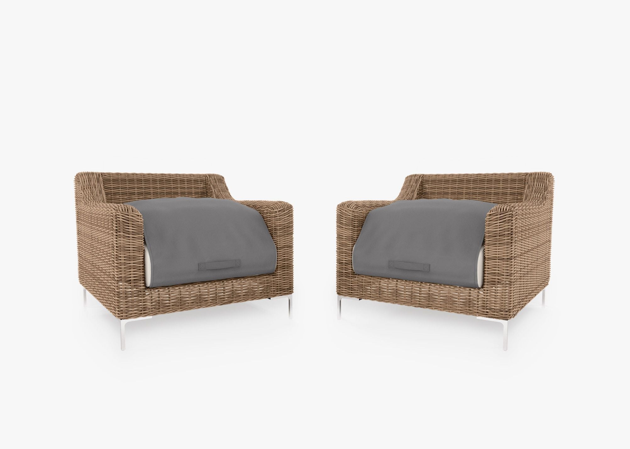 Brown Wicker Outdoor Armchair Conversation Set shown with the OuterShell outdoor cushion cover, offering exclusive integrated protection. #color_palisades cream