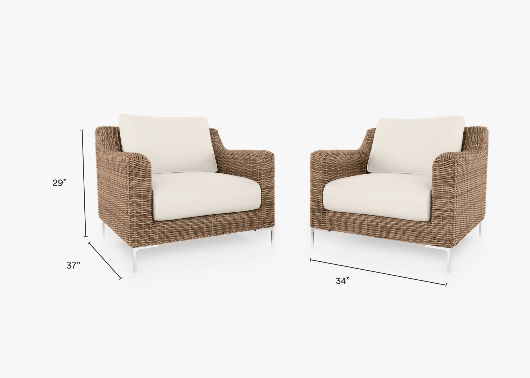 Brown Wicker Outdoor Armchair Conversation Set dimensions in inches, also listed under Dimensions and Weights. #color_palisades cream