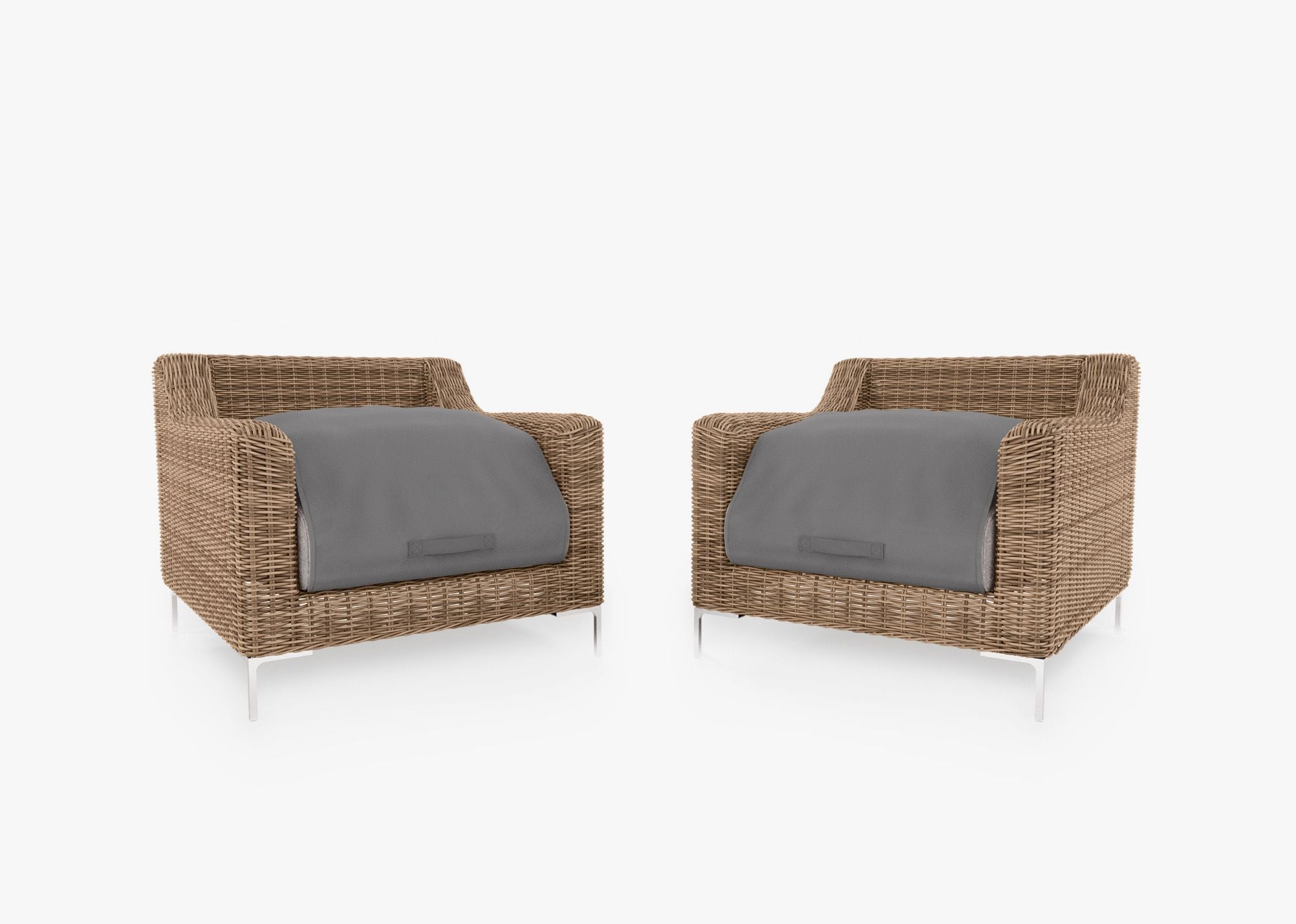 Brown Wicker Outdoor Armchair Conversation Set shown with the OuterShell outdoor cushion cover, offering exclusive integrated protection. #color_sandstone gray
