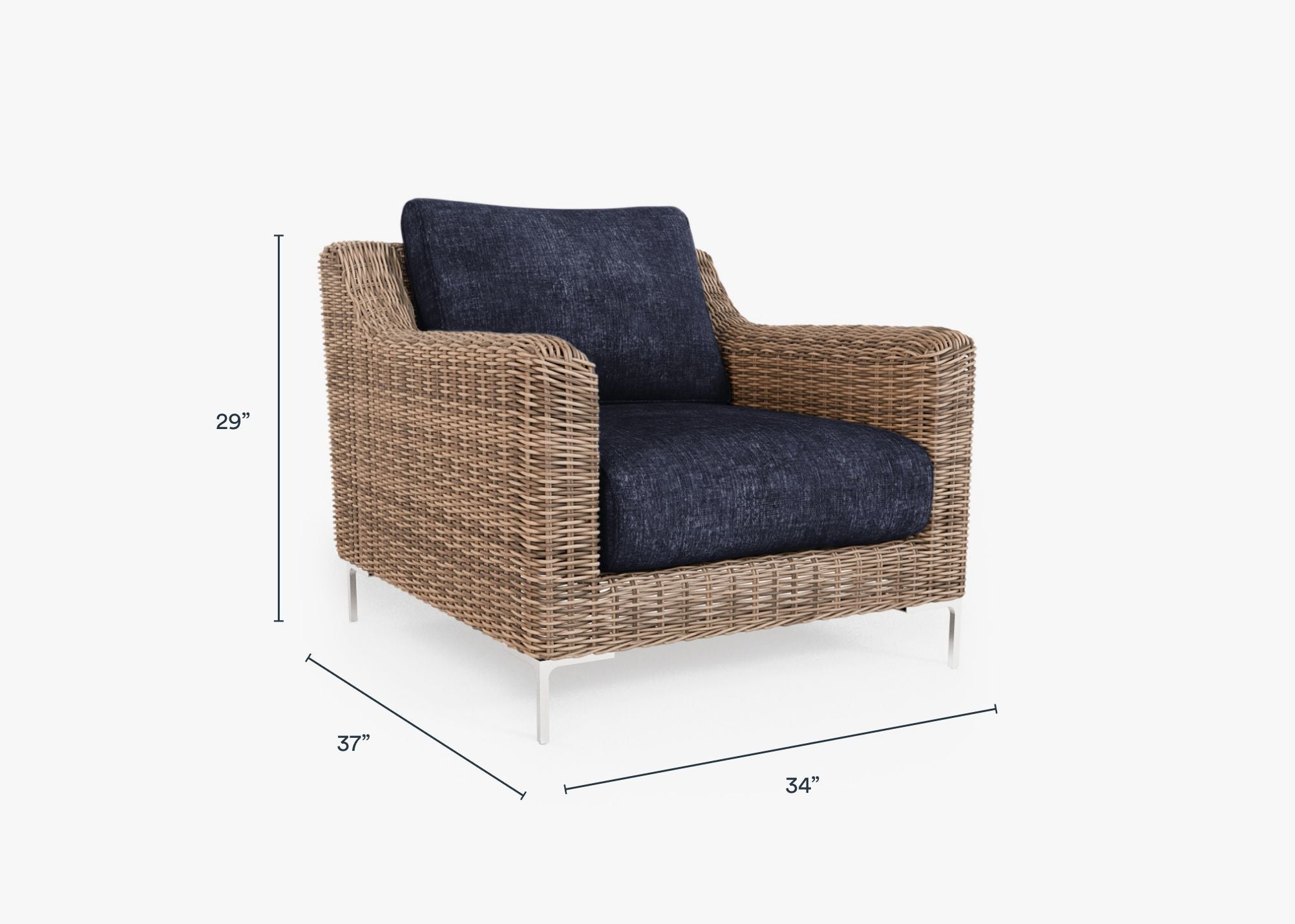Brown Wicker Outdoor Armchair dimensions in inches, also listed under Dimensions and Weights. #color_deep sea navy