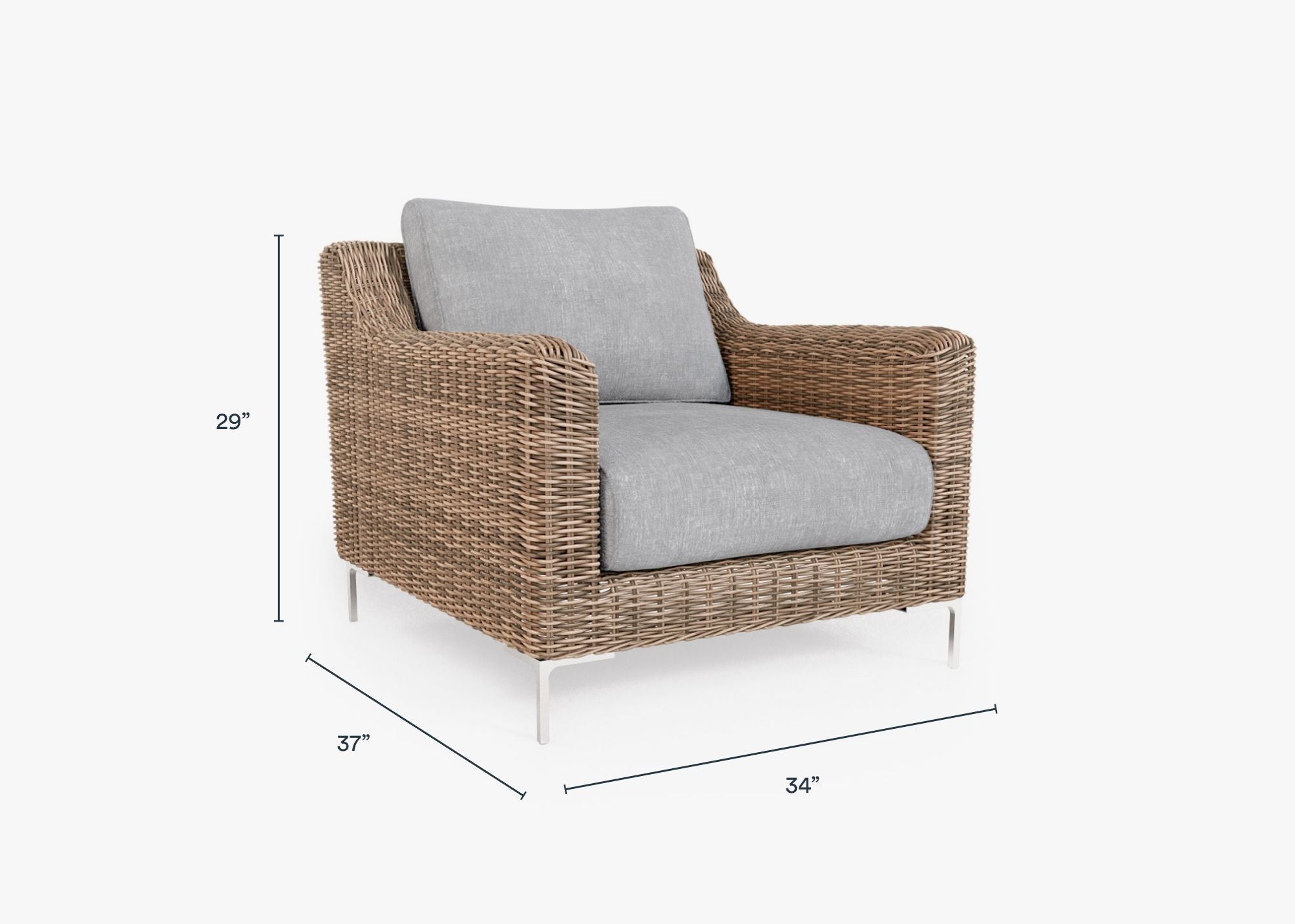 Brown Wicker Outdoor Armchair dimensions in inches, also listed under Dimensions and Weights. #color_pacific fog gray