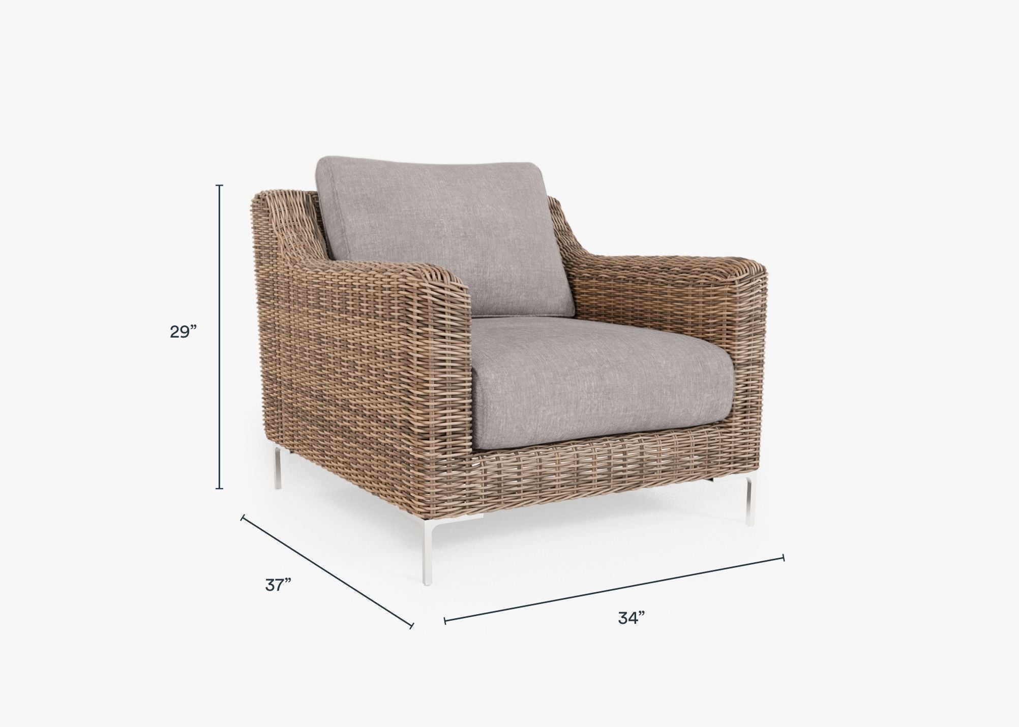 Brown Wicker Outdoor Armchair dimensions in inches, also listed under Dimensions and Weights. #color_sandstone gray