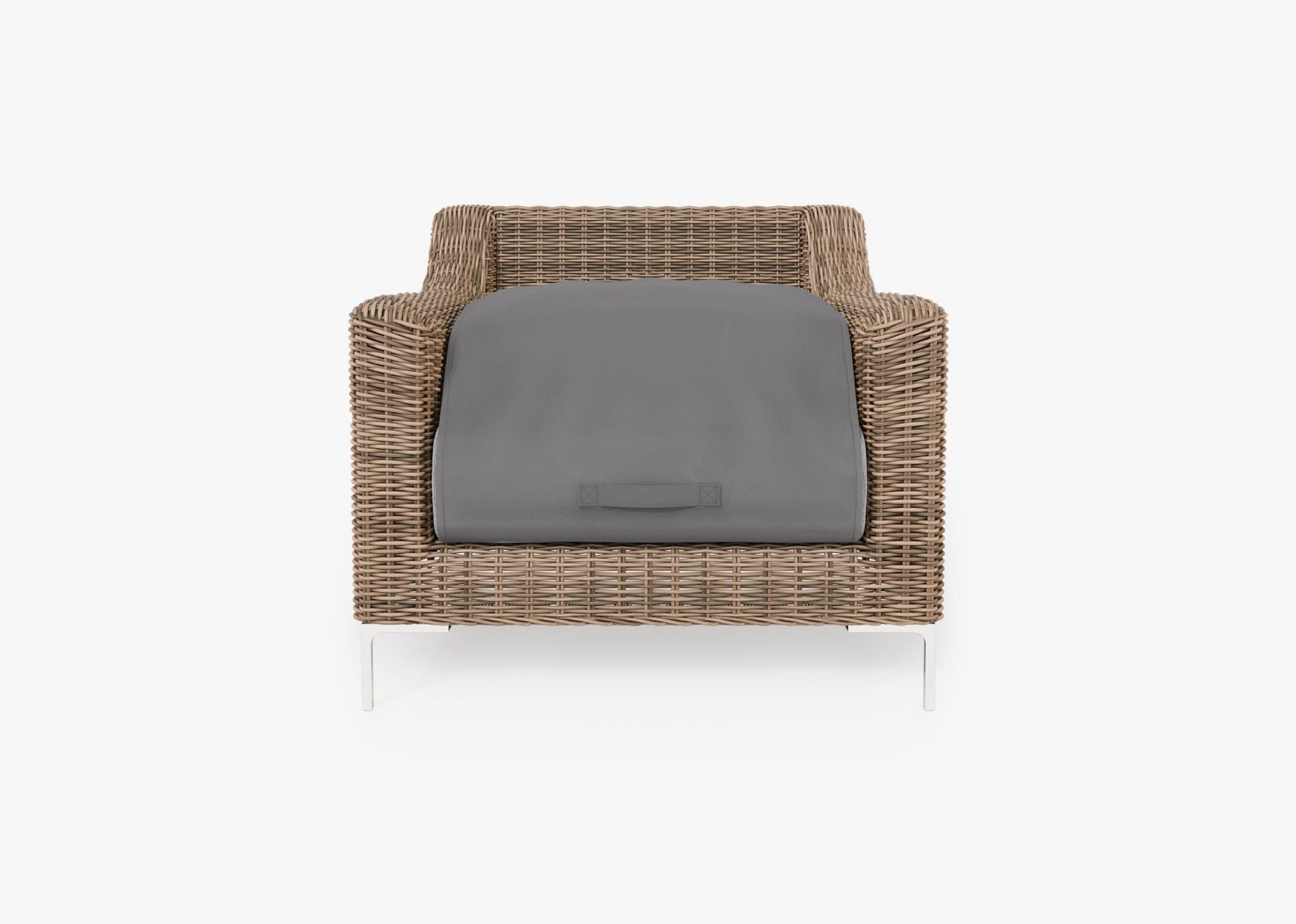 Brown Wicker Outdoor Armchair shown with the OuterShell outdoor cushion cover, offering exclusive integrated protection. #color_pacific fog gray