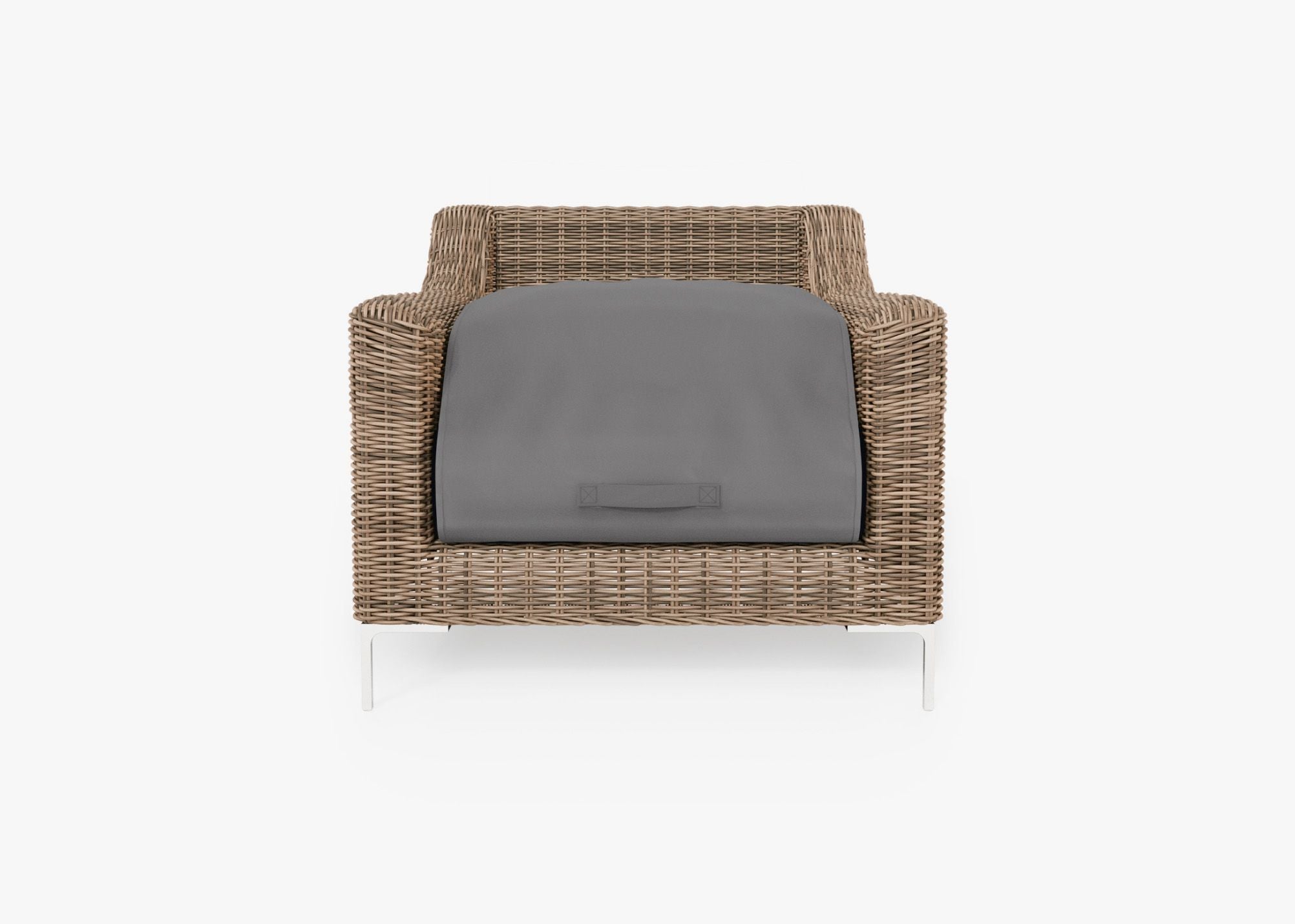 Brown Wicker Outdoor Armchair shown with the OuterShell outdoor cushion cover, offering exclusive integrated protection. #color_deep sea navy