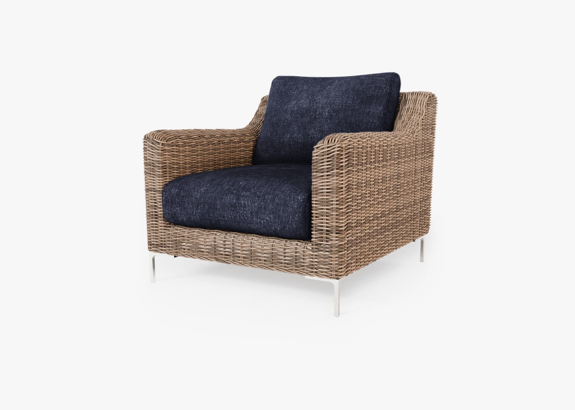 Brown Wicker Outdoor Armchair, front. Comfortable, durable, and weather resistant outdoor seating with memory foam. #color_deep sea navy