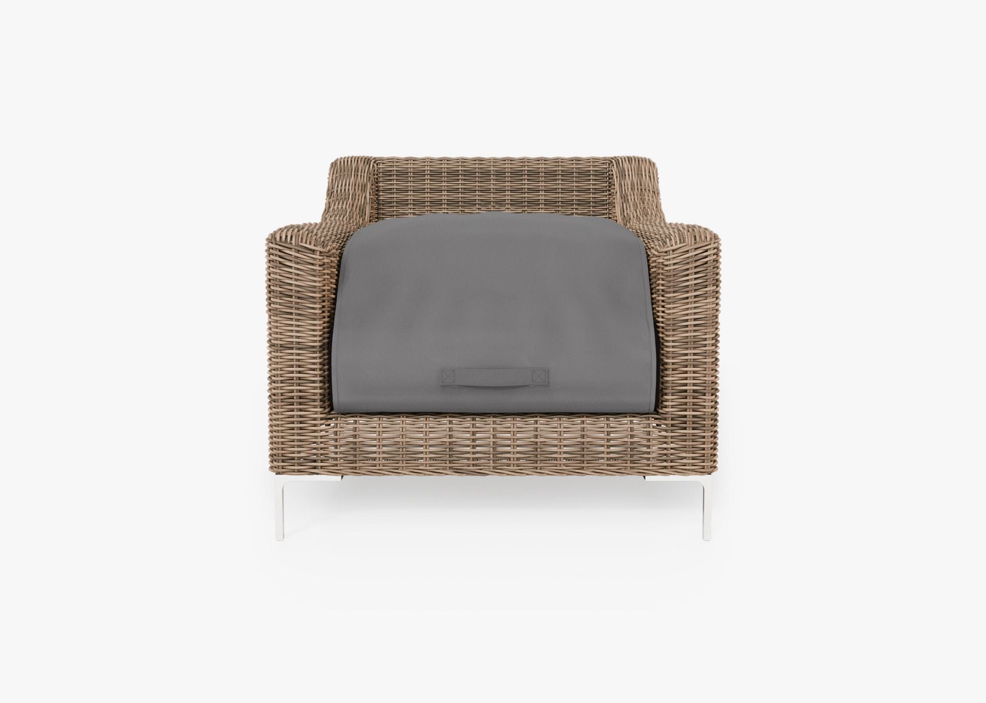 Brown Wicker Outdoor Armchair shown with the OuterShell outdoor cushion cover, offering exclusive integrated protection. #color_dark pebble gray