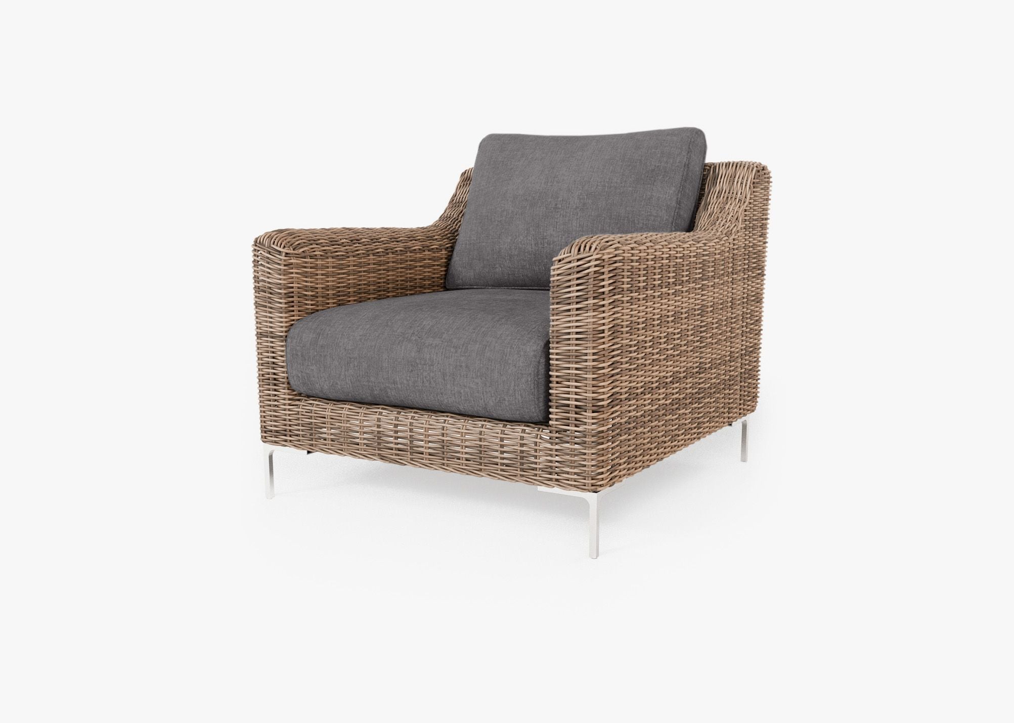 Brown Wicker Outdoor Armchair, front. Comfortable, durable, and weather resistant outdoor seating with memory foam. #color_dark pebble gray