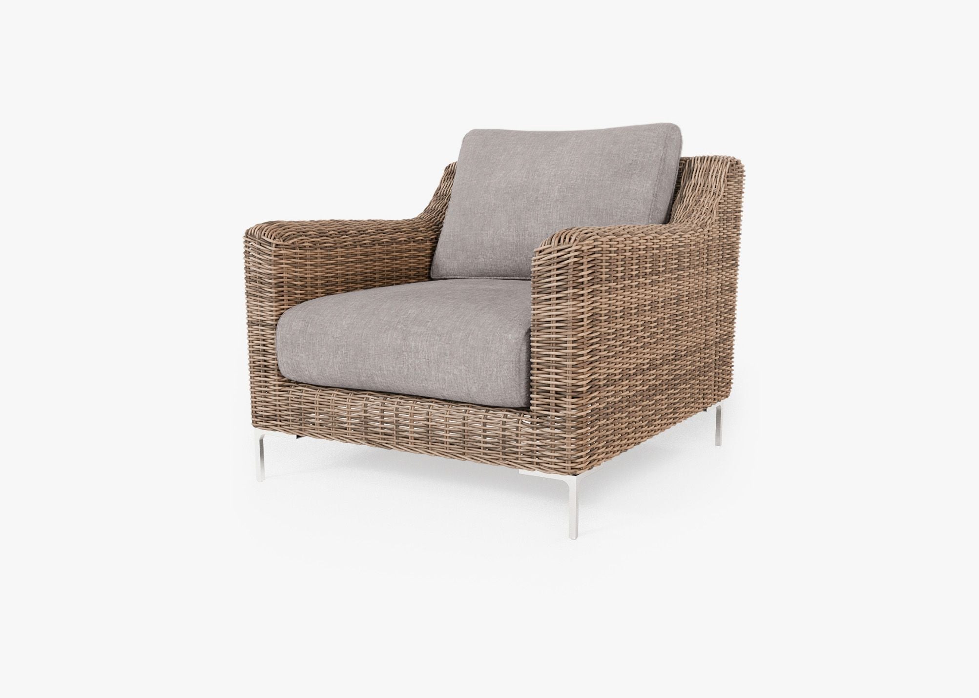 Brown Wicker Outdoor Armchair, front. Comfortable, durable, and weather resistant outdoor seating with memory foam. #color_sandstone gray