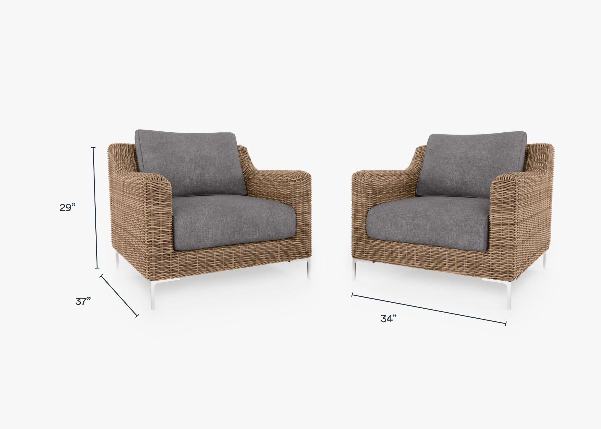 Brown Wicker Outdoor Armchair Conversation Set dimensions in inches, also listed under Dimensions and Weights. #color_dark pebble gray