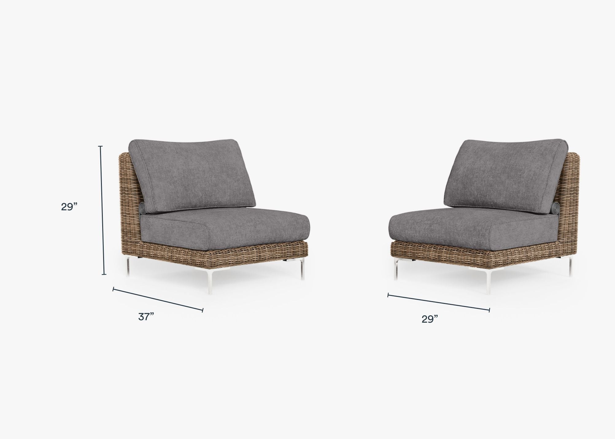 Brown Wicker Outdoor Armless Chair Conversation Set dimensions in inches, also listed under Dimensions and Weights. #color_dark pebble gray