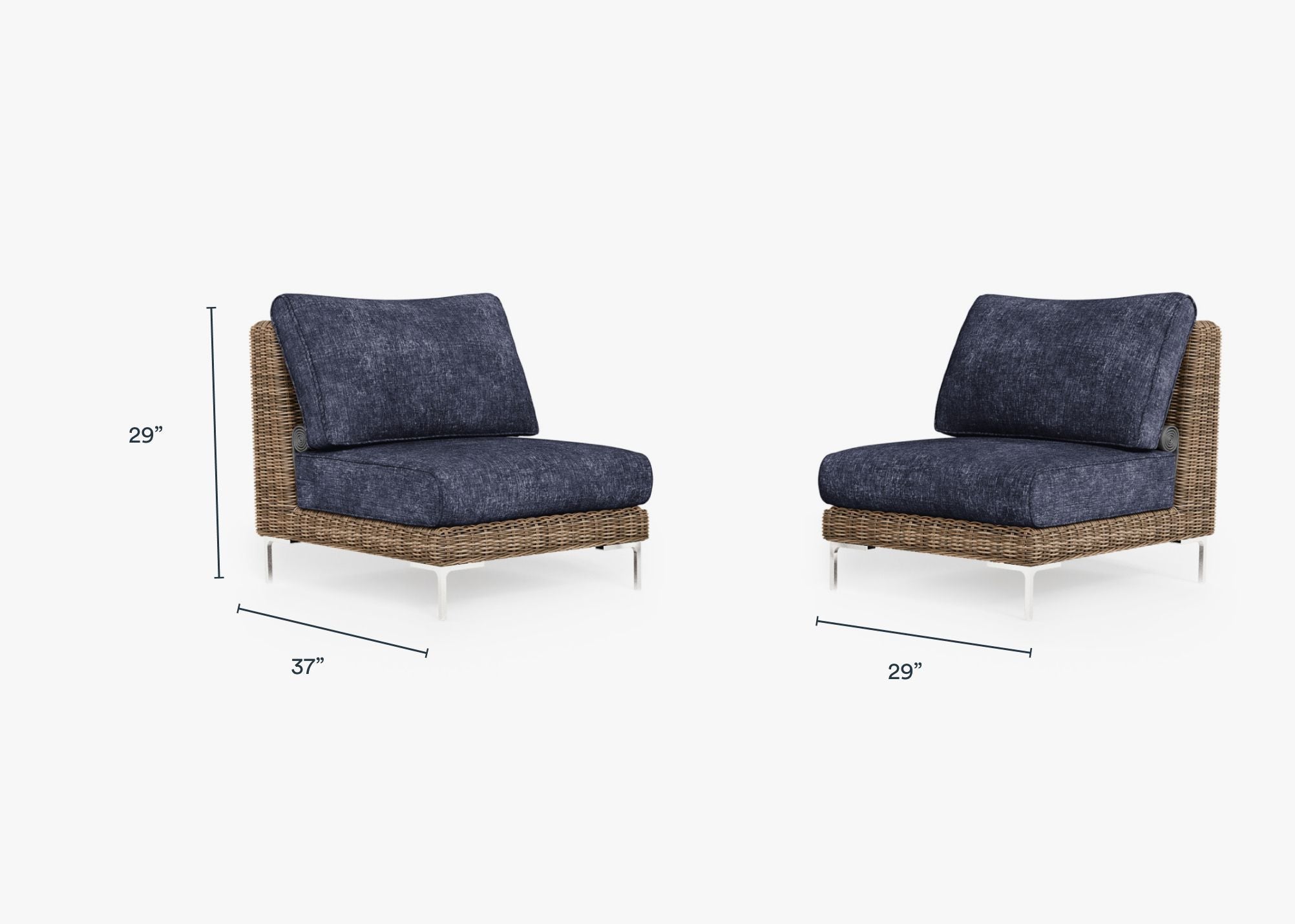 Brown Wicker Outdoor Armless Chair Conversation Set dimensions in inches, also listed under Dimensions and Weights. #color_deep sea navy