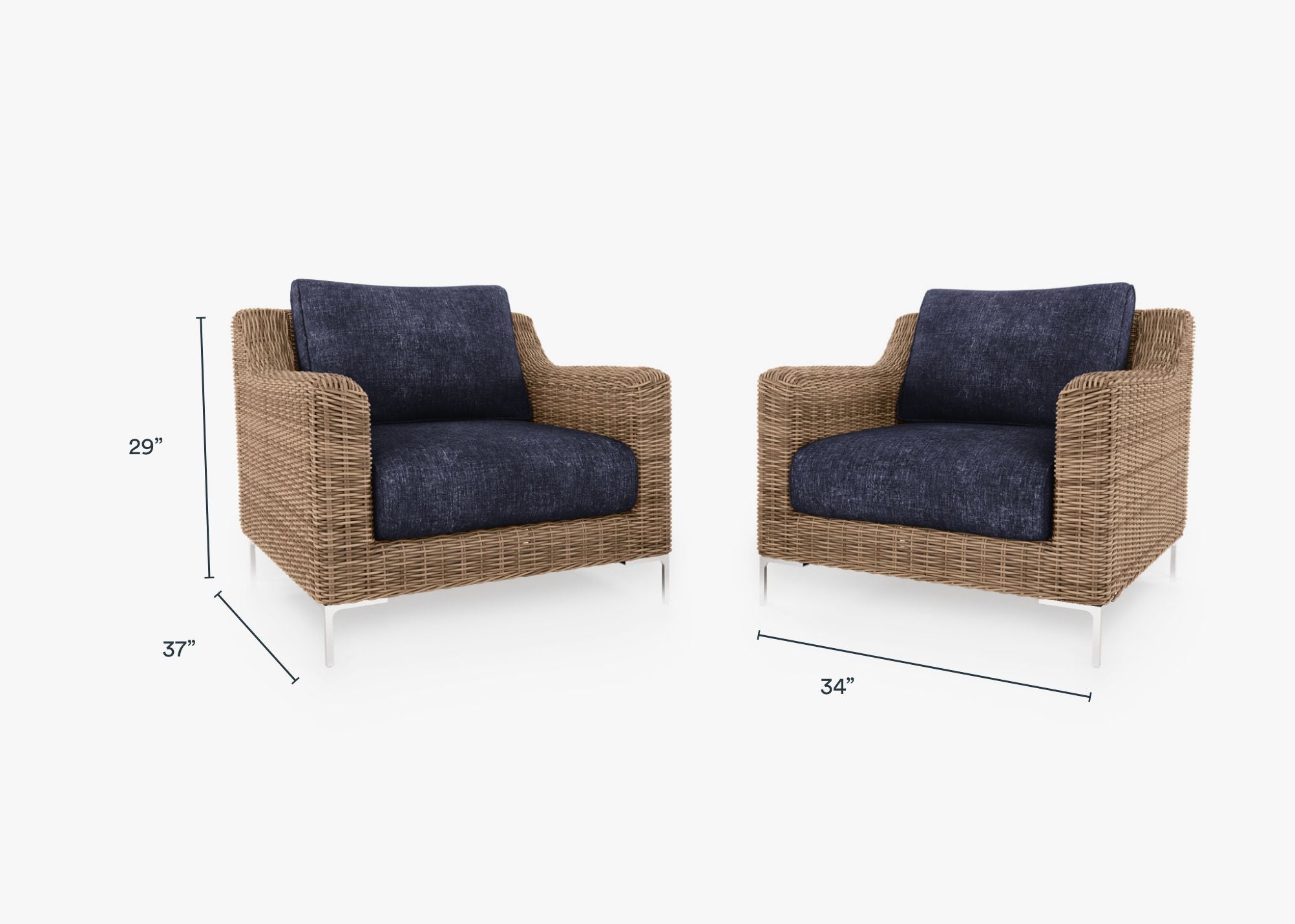 Brown Wicker Outdoor Armchair Conversation Set dimensions in inches, also listed under Dimensions and Weights. #color_deep sea navy