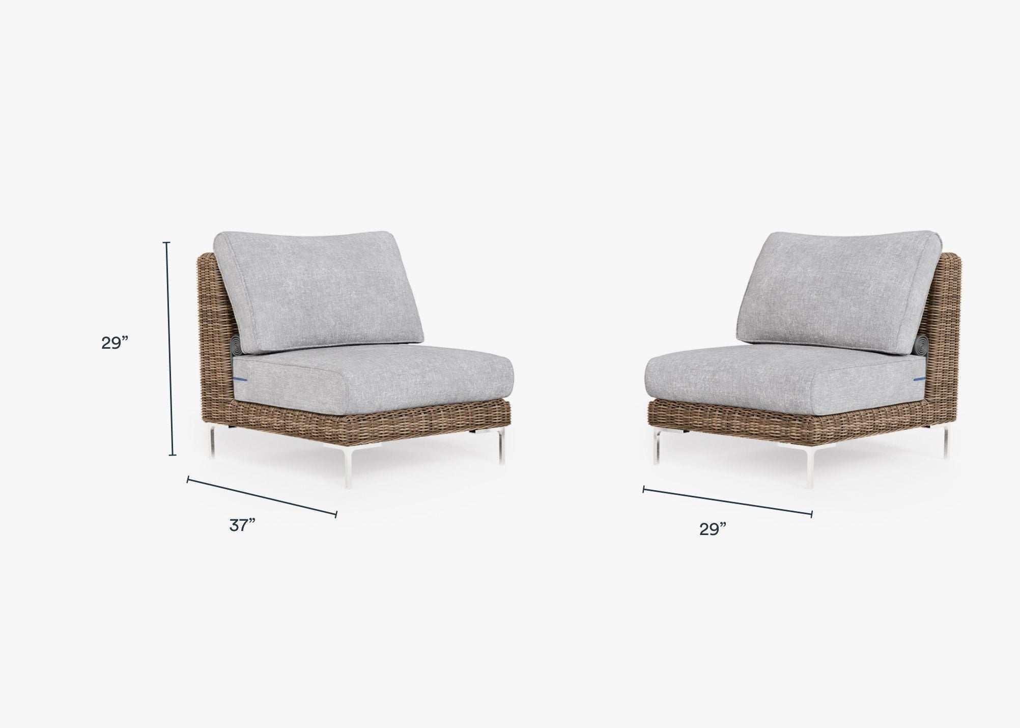 Brown Wicker Outdoor Armless Chair Conversation Set dimensions in inches, also listed under Dimensions and Weights. #color_pacific fog gray