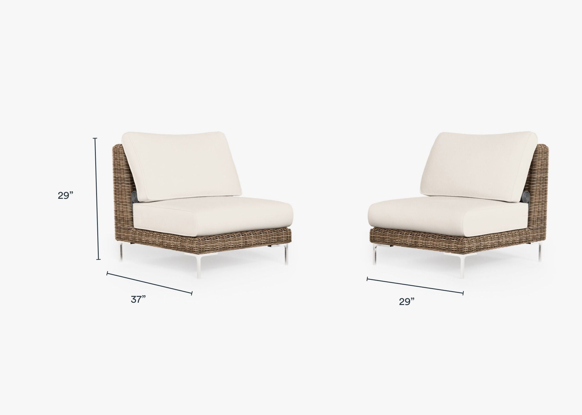 Brown Wicker Outdoor Armless Chair Conversation Set dimensions in inches, also listed under Dimensions and Weights. #color_palisades cream