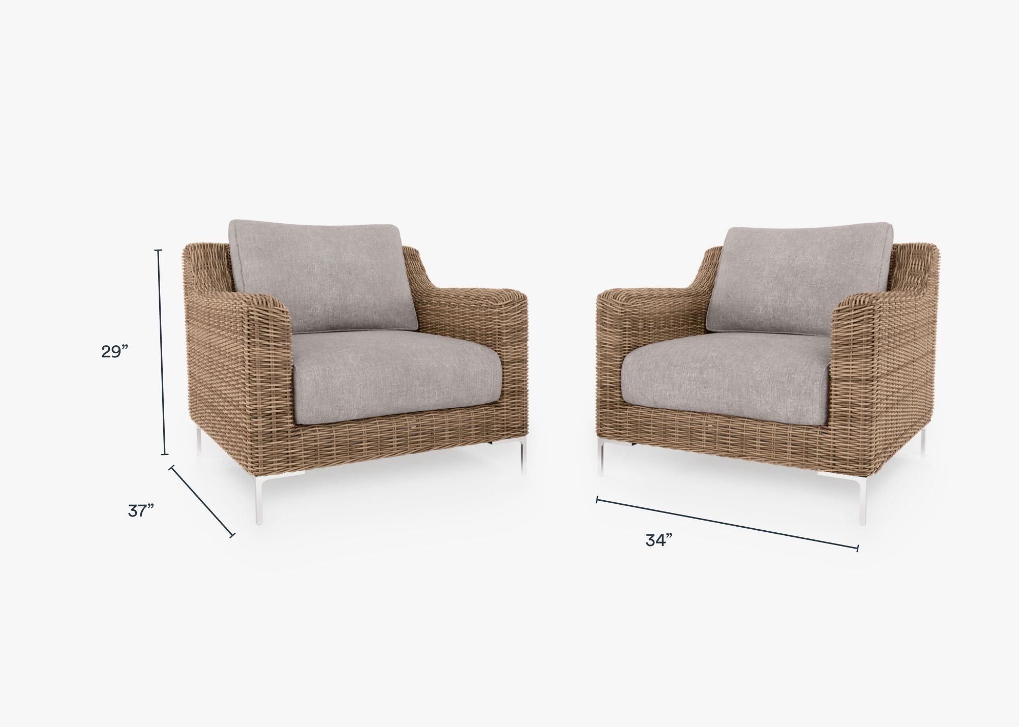 Brown Wicker Outdoor Armchair Conversation Set dimensions in inches, also listed under Dimensions and Weights. #color_sandstone gray