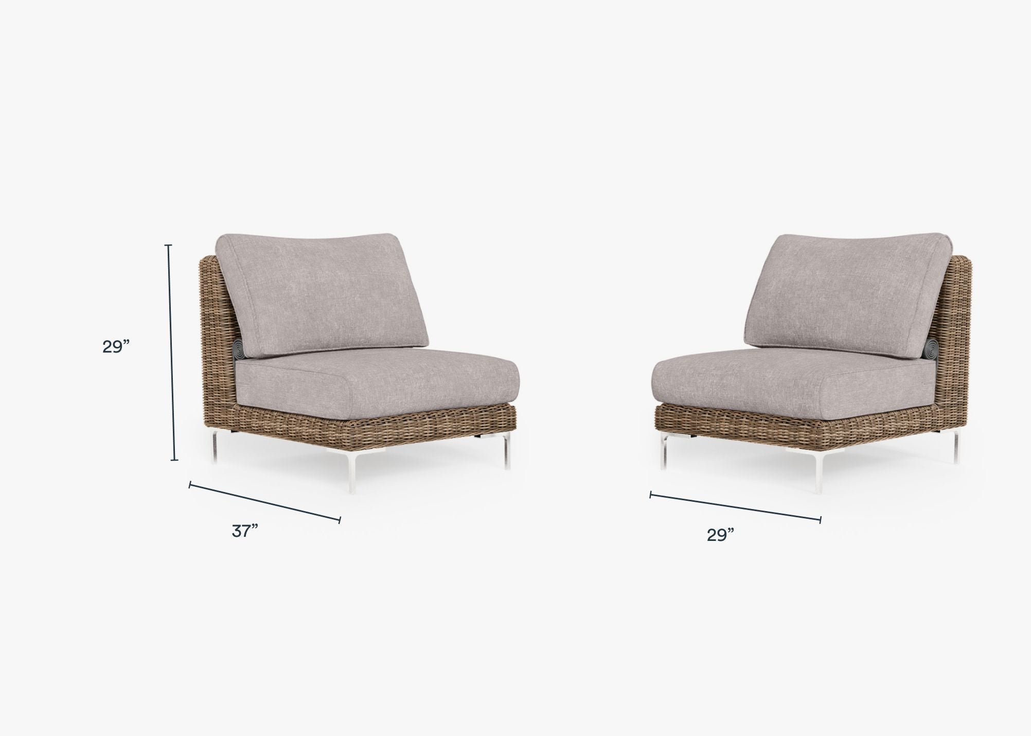 Brown Wicker Outdoor Armless Chair Conversation Set dimensions in inches, also listed under Dimensions and Weights. #color_sandstone gray