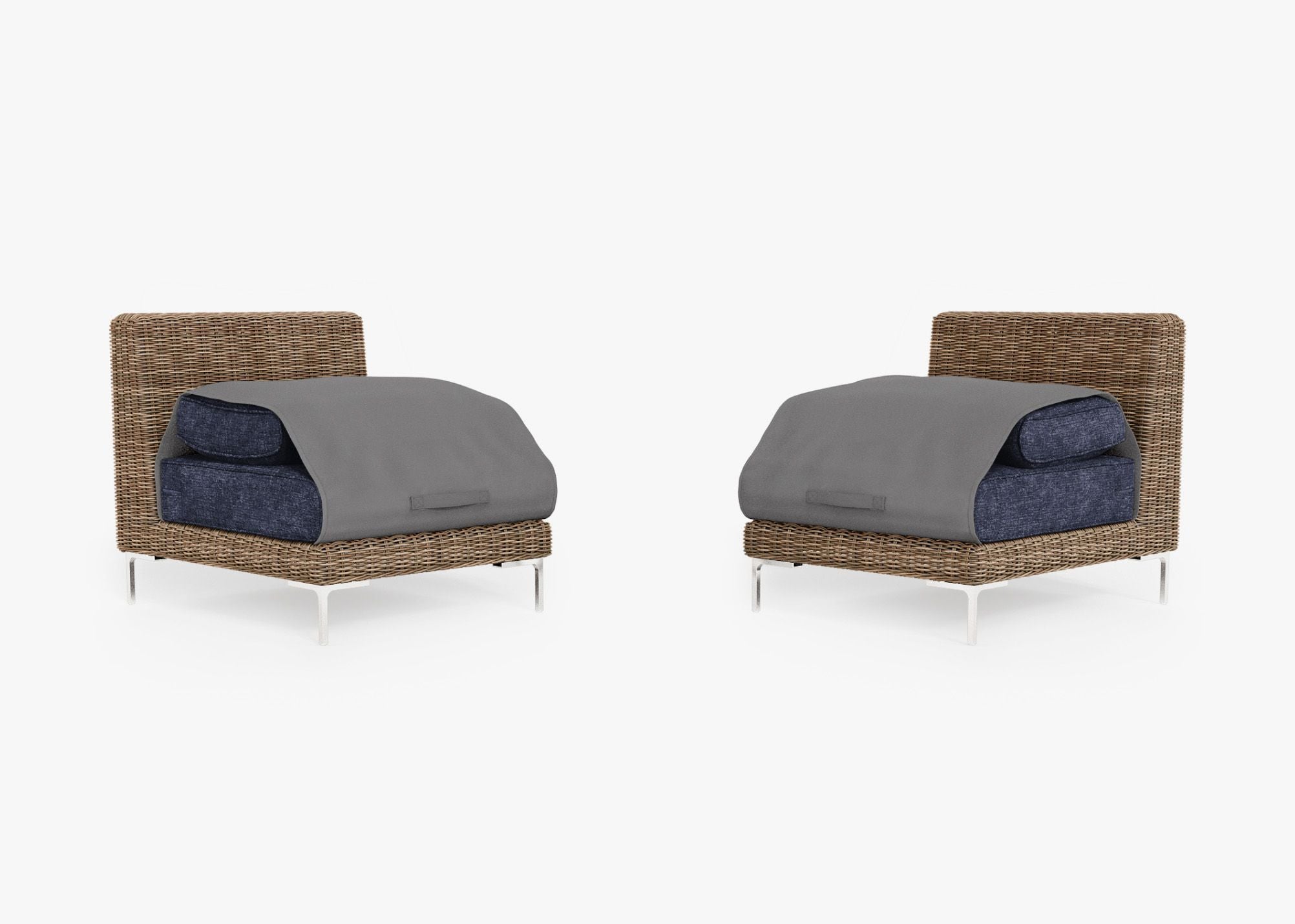 Brown Wicker Outdoor Armless Chair Conversation Set shown with the OuterShell outdoor cushion cover, offering exclusive integrated protection. #color_deep sea navy