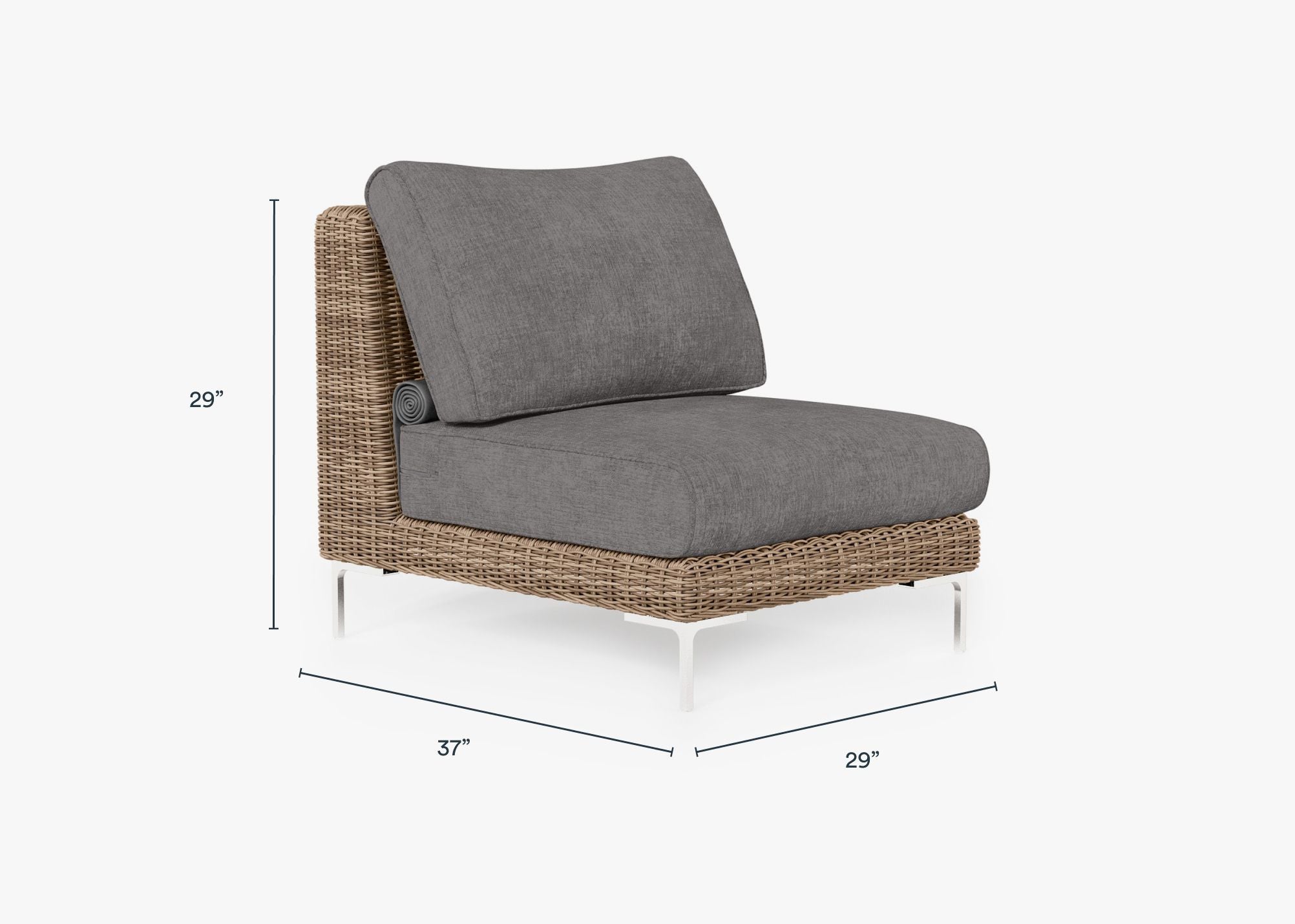 Brown Wicker Outdoor Armless Chair dimensions in inches, also listed under Dimensions and Weights. #color_dark pebble gray