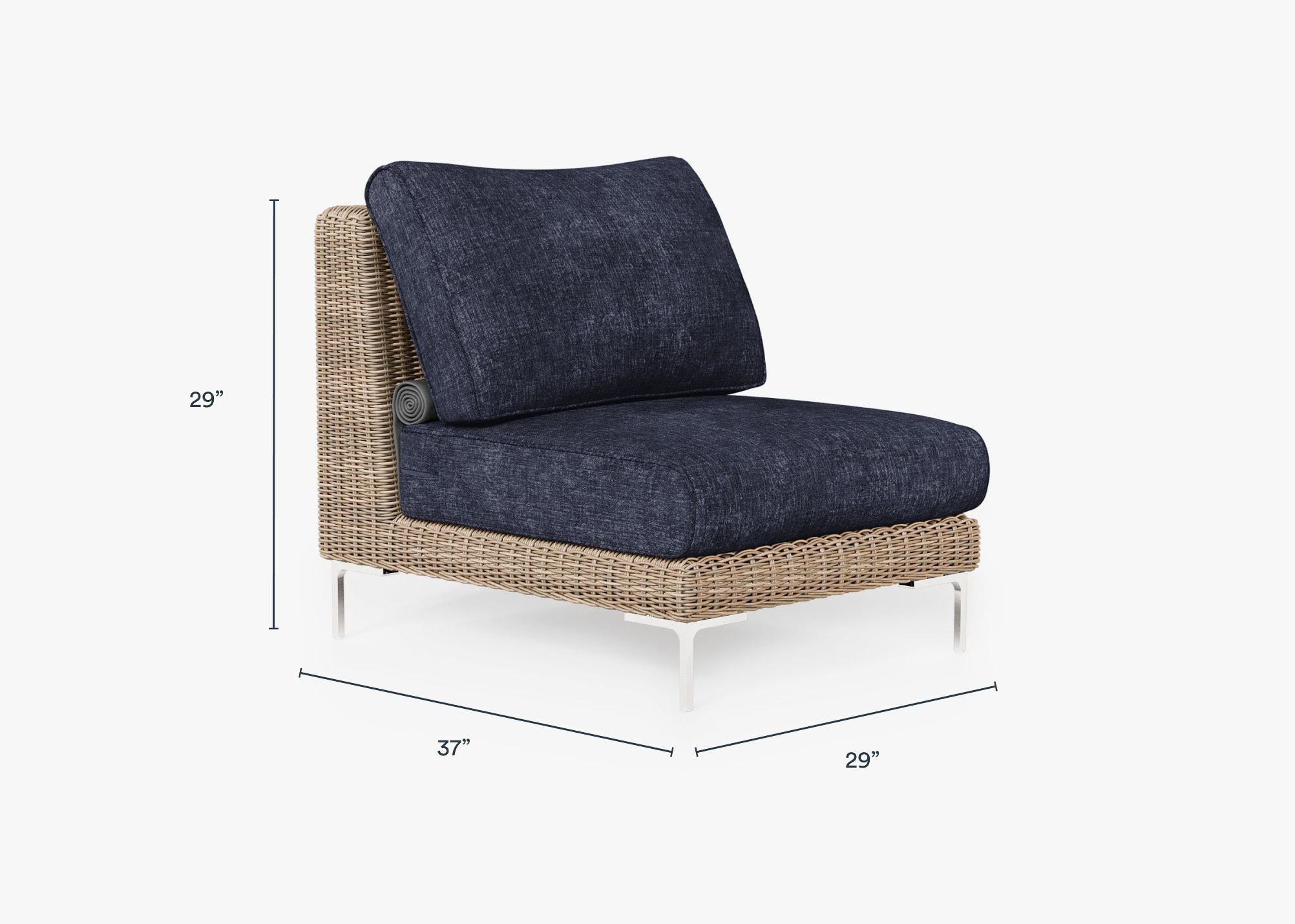 Brown Wicker Outdoor Armless Chair dimensions in inches, also listed under Dimensions and Weights. #color_deep sea navy