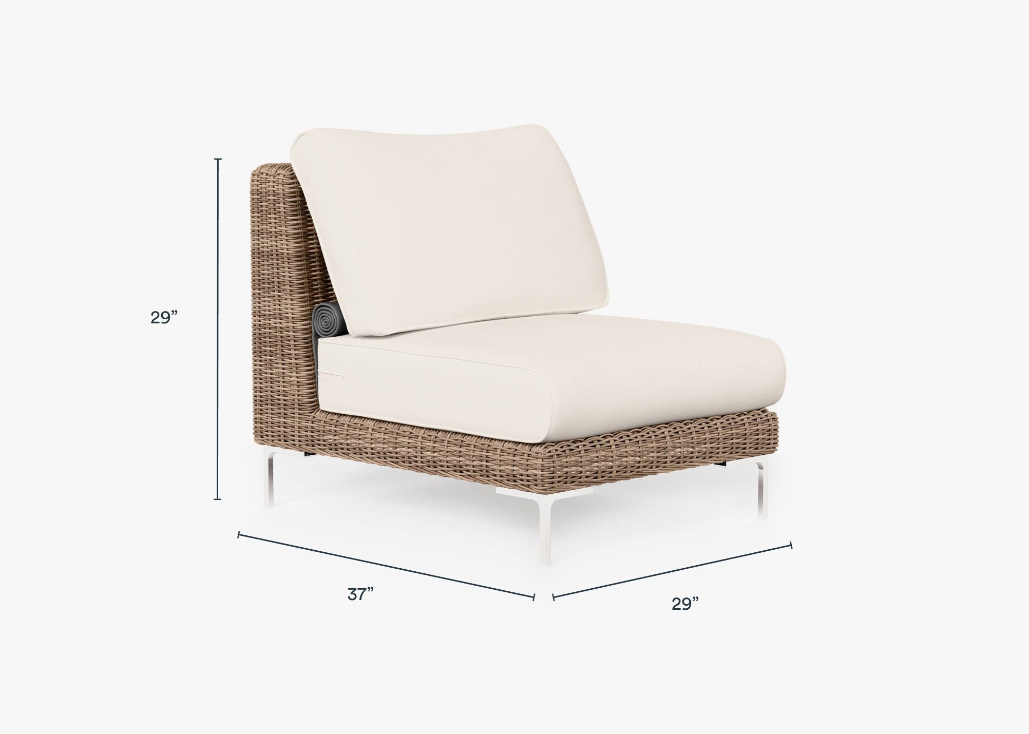 Brown Wicker Outdoor Armless Chair dimensions in inches, also listed under Dimensions and Weights. #color_palisades cream