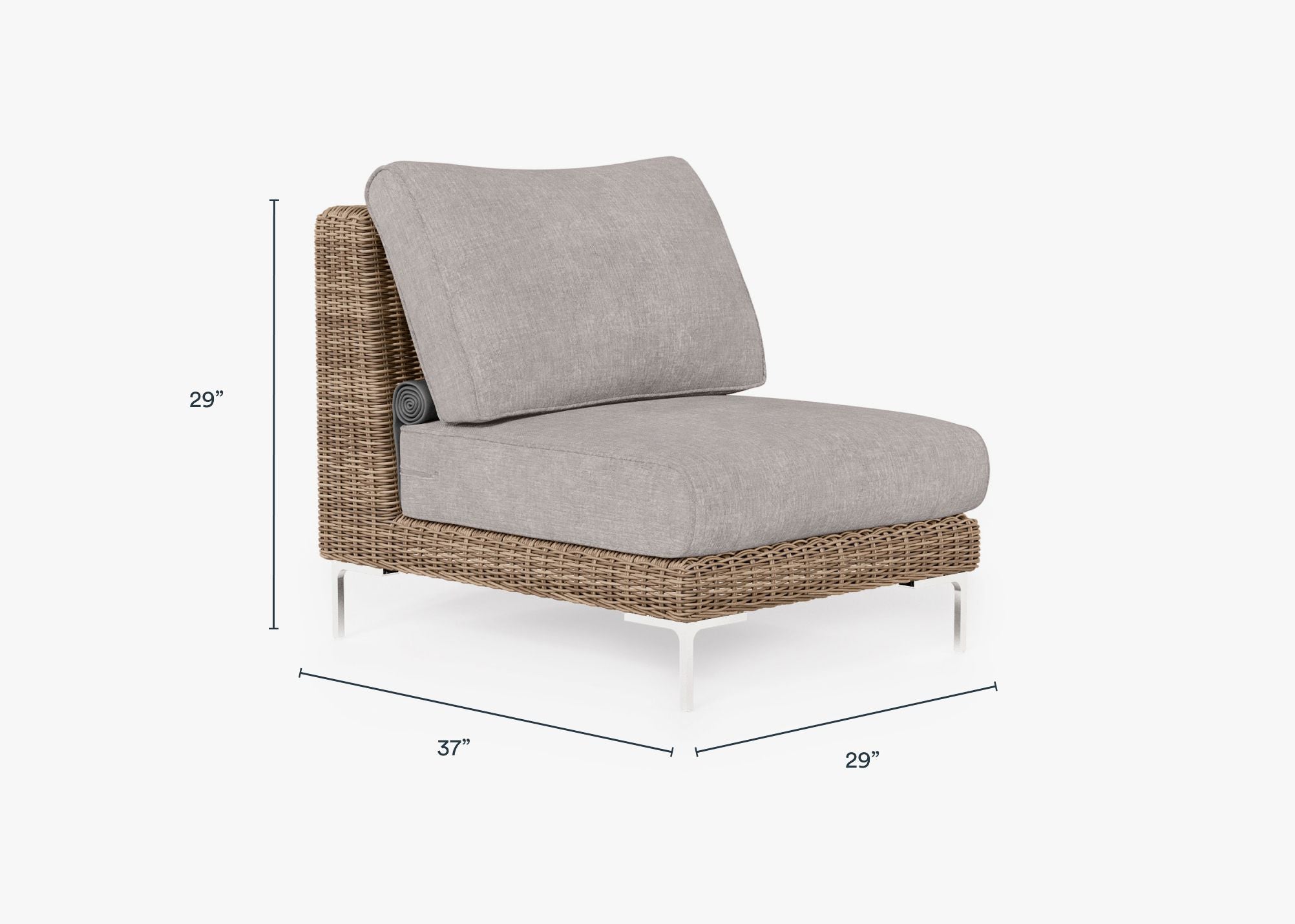 Brown Wicker Outdoor Armless Chair dimensions in inches, also listed under Dimensions and Weights. #color_sandstone gray