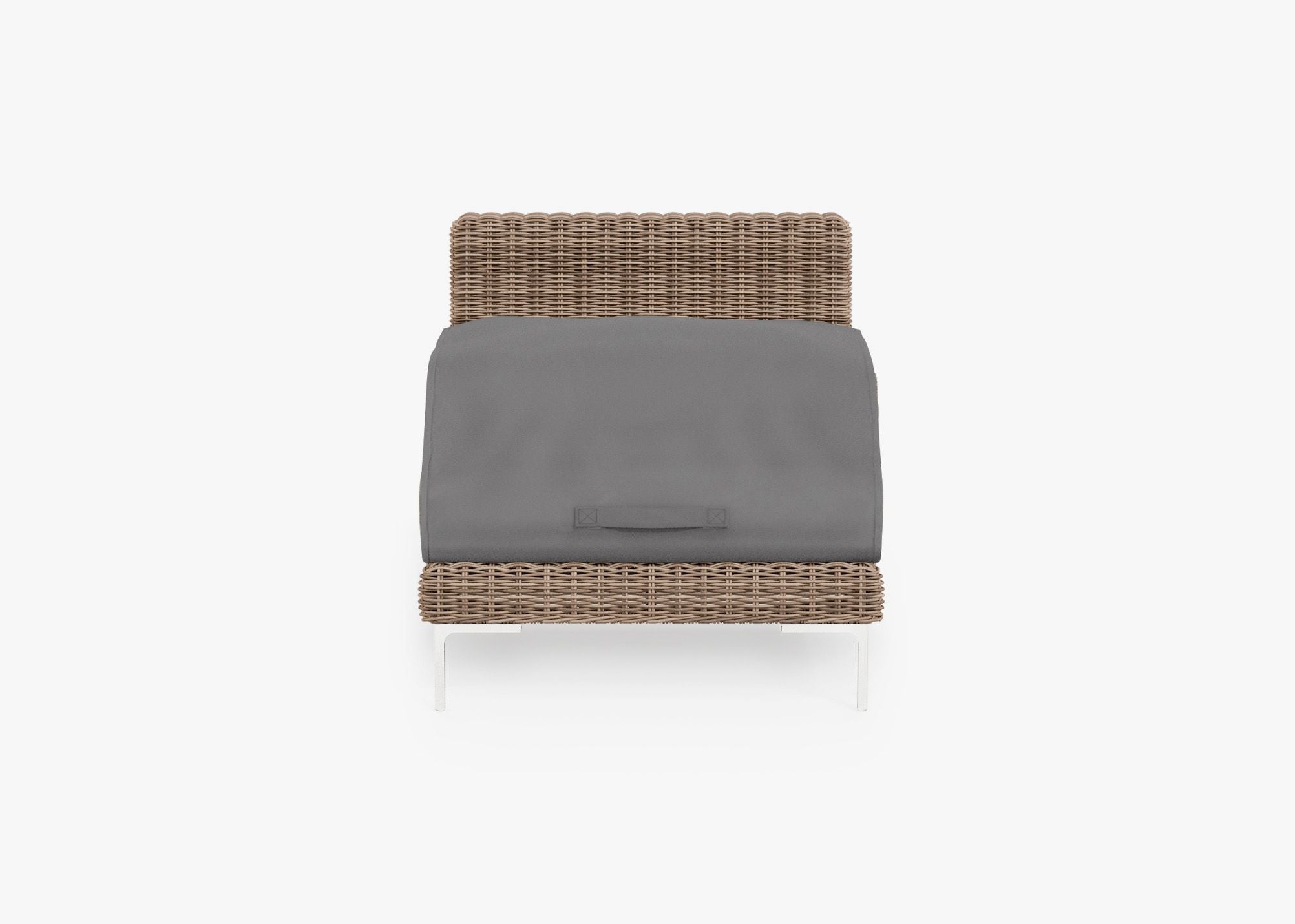 Brown Wicker Outdoor Armless Chair shown with the OuterShell outdoor cushion cover, offering exclusive integrated protection. #color_deep sea navy