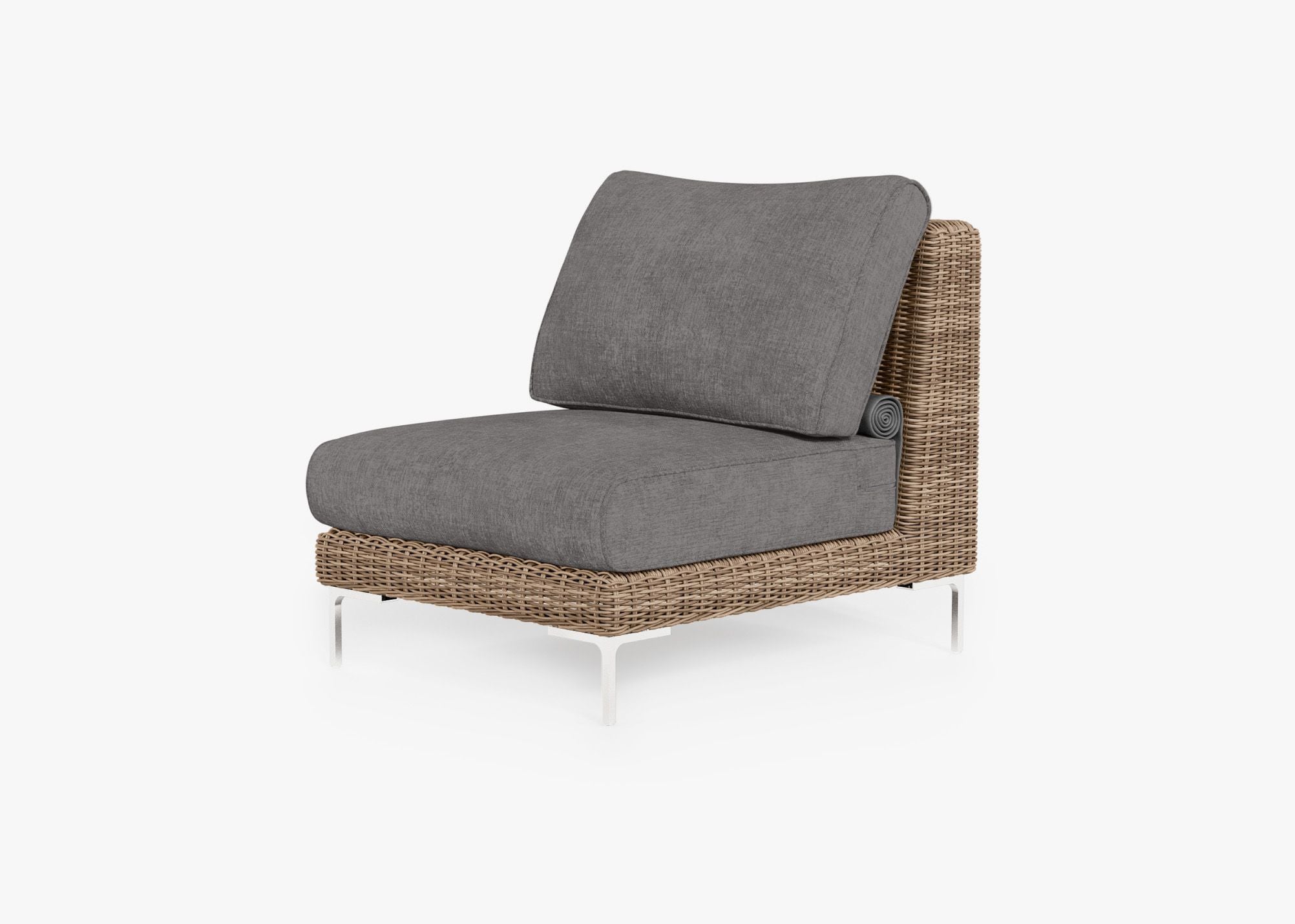 Brown Wicker Outdoor Armless Chair, front. Comfortable, durable, and weather resistant outdoor seating with memory foam. #color_dark pebble gray