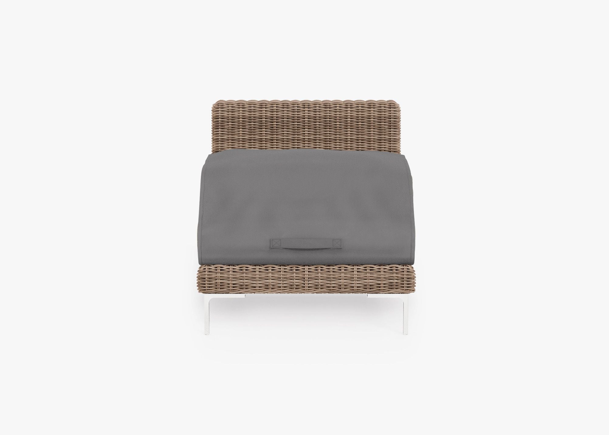 Brown Wicker Outdoor Armless Chair shown with the OuterShell outdoor cushion cover, offering exclusive integrated protection. #color_sandstone gray