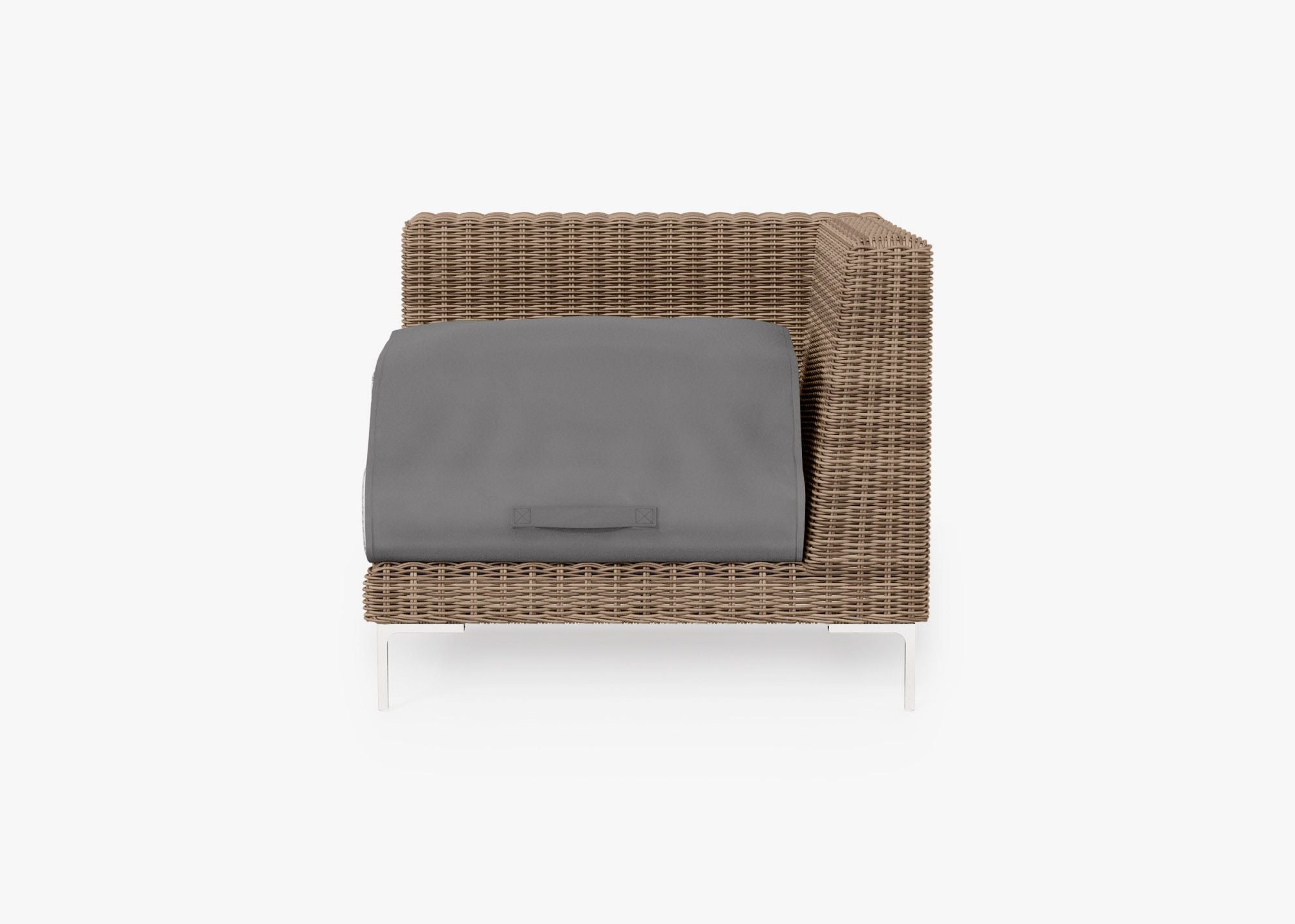 Brown Wicker Outdoor Corner Chair - Left/Right shown with the OuterShell outdoor cushion cover, offering exclusive integrated protection. #color_palisades cream