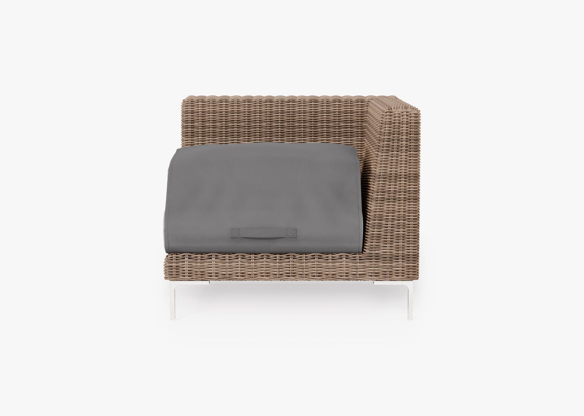 Brown Wicker Outdoor Corner Chair - Left/Right shown with the OuterShell outdoor cushion cover, offering exclusive integrated protection. #color_pacific fog gray