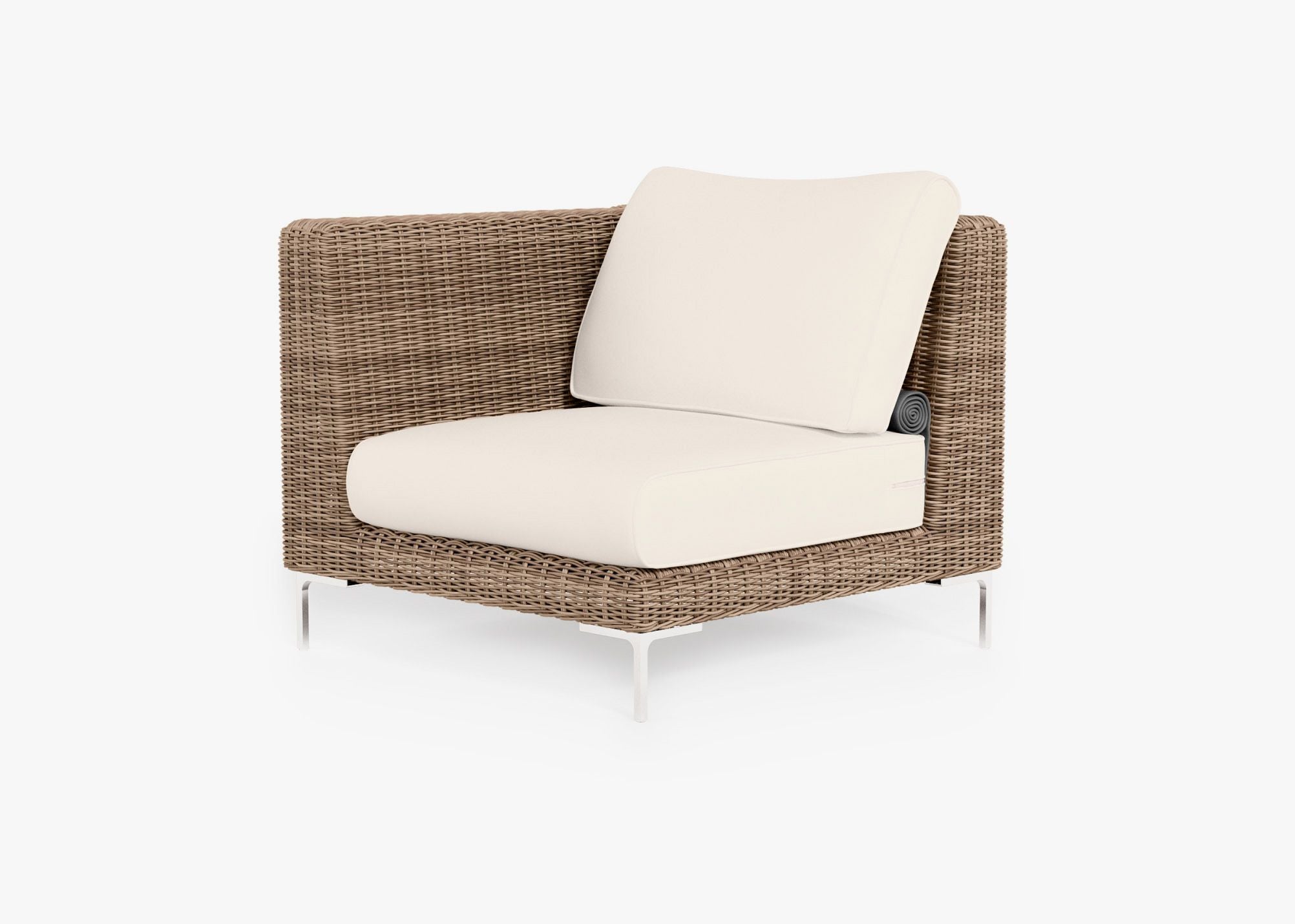 Brown Wicker Outdoor Corner Chair - Left/Right, front. Comfortable, durable, and weather resistant outdoor seating with memory foam. #color_palisades cream