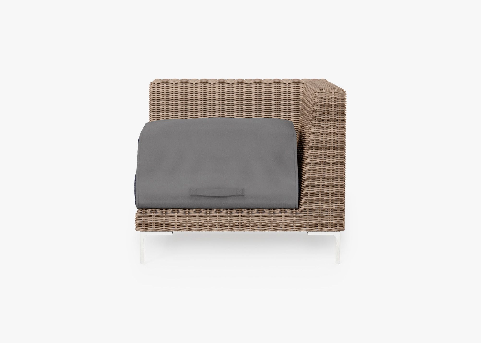 Brown Wicker Outdoor Corner Chair - Left/Right shown with the OuterShell outdoor cushion cover, offering exclusive integrated protection. #color_deep sea navy