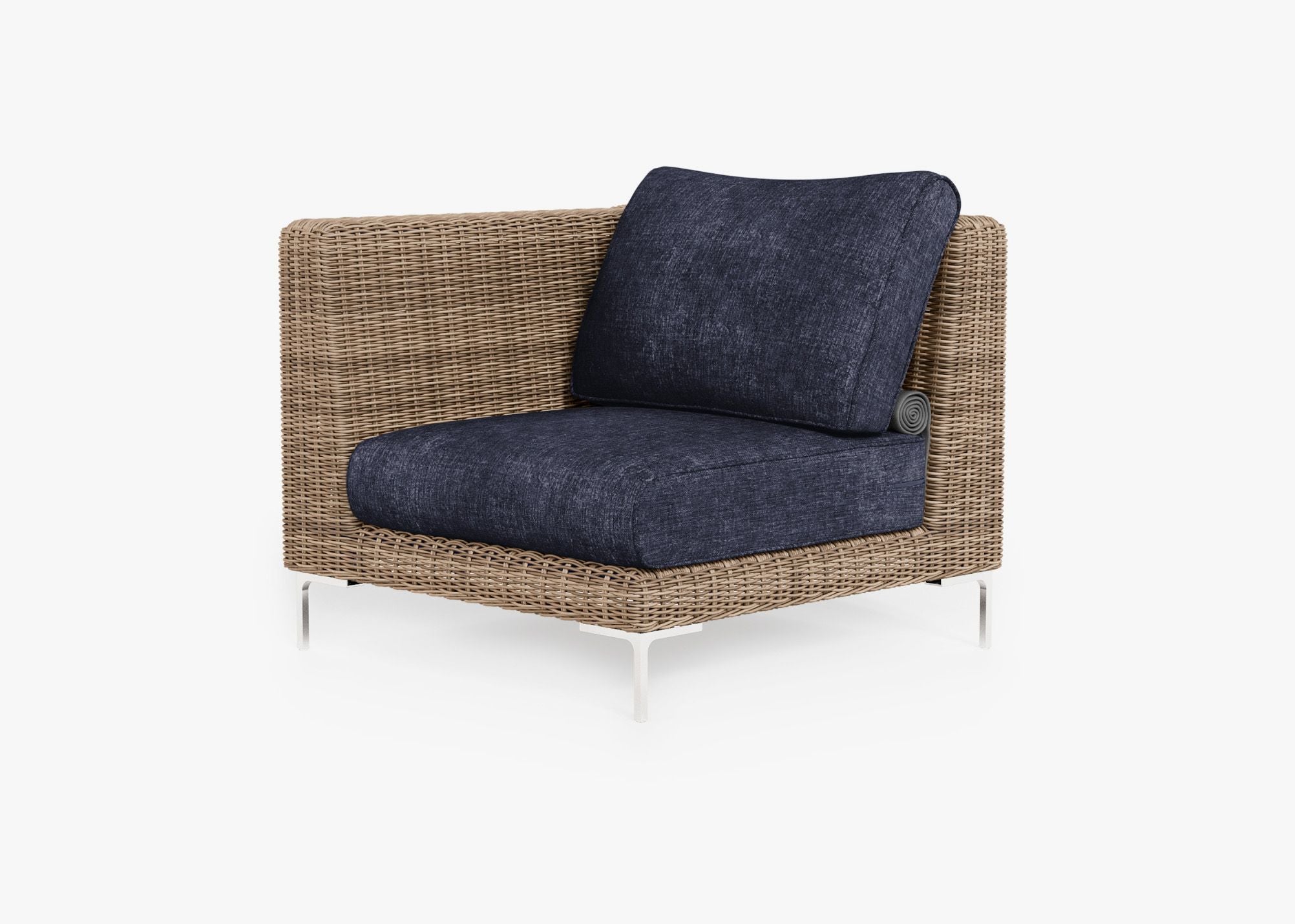 Brown Wicker Outdoor Corner Chair - Left/Right, front. Comfortable, durable, and weather resistant outdoor seating with memory foam. #color_deep sea navy