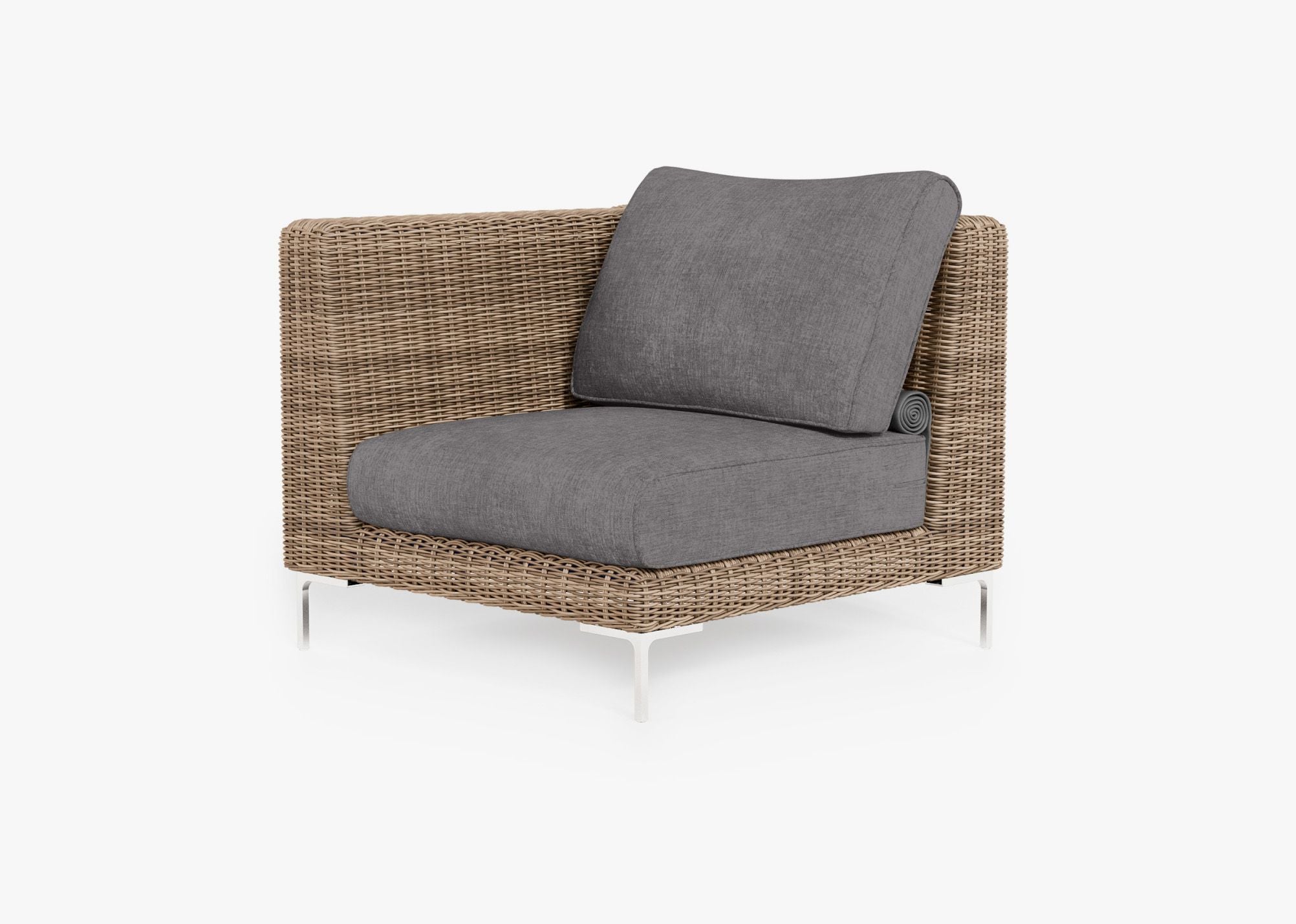 Brown Wicker Outdoor Corner Chair - Left/Right, front. Comfortable, durable, and weather resistant outdoor seating with memory foam. #color_dark pebble gray